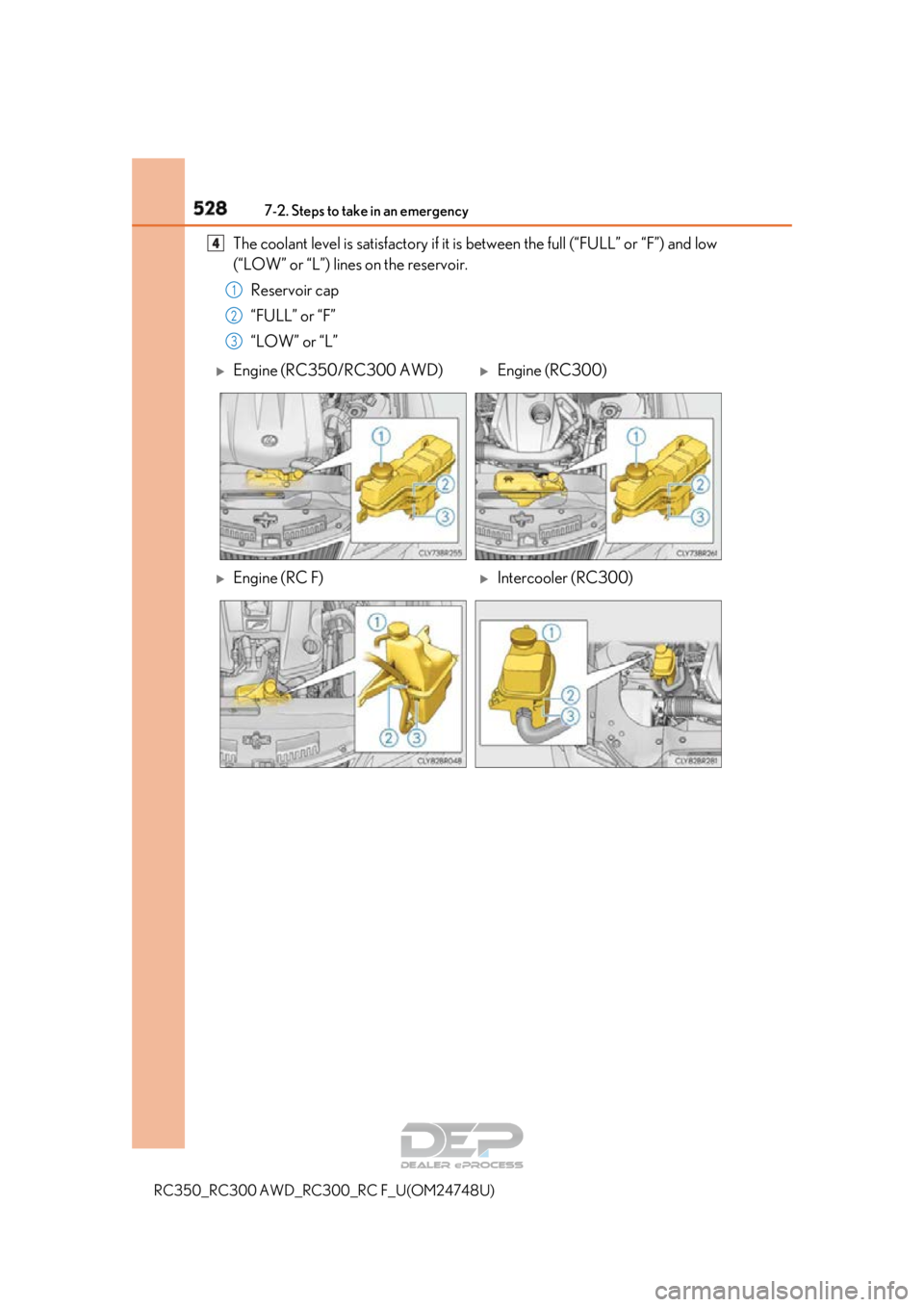 LEXUS RC350 2018  Owners Manual 5287-2. Steps to take in an emergency
RC350_RC300 AWD_RC300_RC F_U(OM24748U)
The coolant level is satisfactory if it is  between the full (“FULL” or “F”) and low
(“LOW” or “L”) lines o
