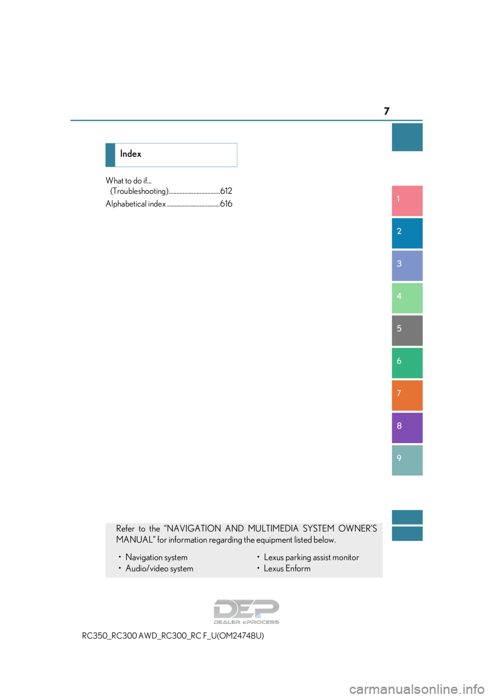 LEXUS RC350 2018  Owners Manual 7
1
8 7
6 4 3
2
9
RC350_RC300 AWD_RC3 00_RC F_U(OM24748U)
5
What to do if... 
(Troubleshooting ).................................612
Alphabetical index ..................................616
Index
Refe