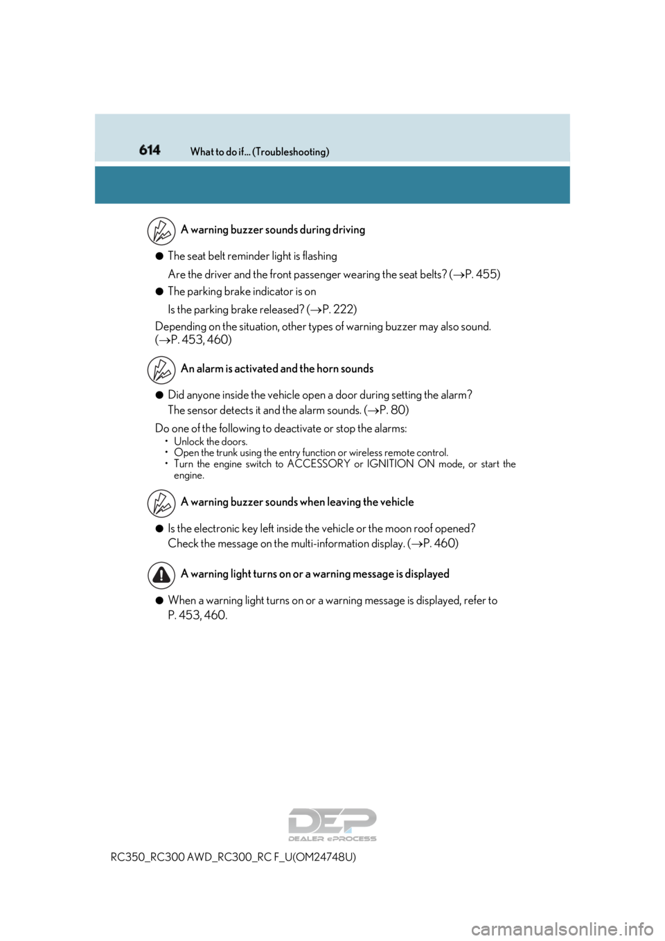 LEXUS RC350 2018  Owners Manual 614What to do if... (Troubleshooting)
RC350_RC300 AWD_RC3 00_RC F_U(OM24748U)
●The seat belt reminder light is flashing
Are the driver and the front passe nger wearing the seat belts? (P. 455)
