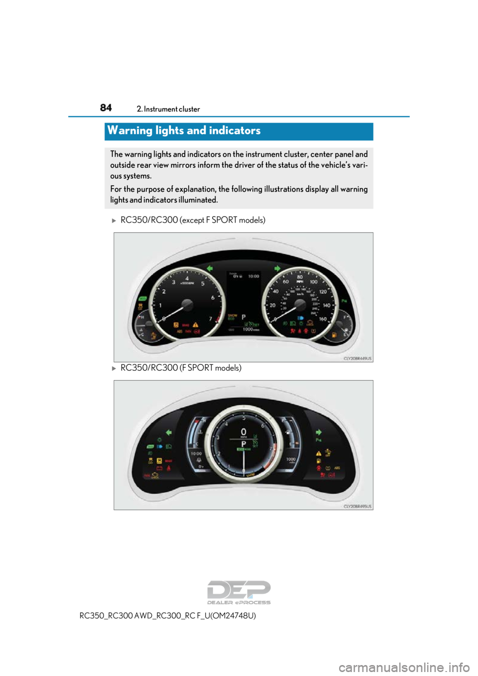 LEXUS RC350 2018 Owners Manual 84
RC350_RC300 AWD_RC300_RC F_U(OM24748U)
2. Instrument cluster
RC350/RC300 (except F SPORT models)
RC350/RC300 (F SPORT models)
Warning lights and indicators
The warning lights and indicators o LEXUS RC350 2018 Owners Manual 84
RC350_RC300 AWD_RC300_RC F_U(OM24748U)
2. Instrument cluster
RC350/RC300 (except F SPORT models)
RC350/RC300 (F SPORT models)
Warning lights and indicators
The warning lights and indicators o