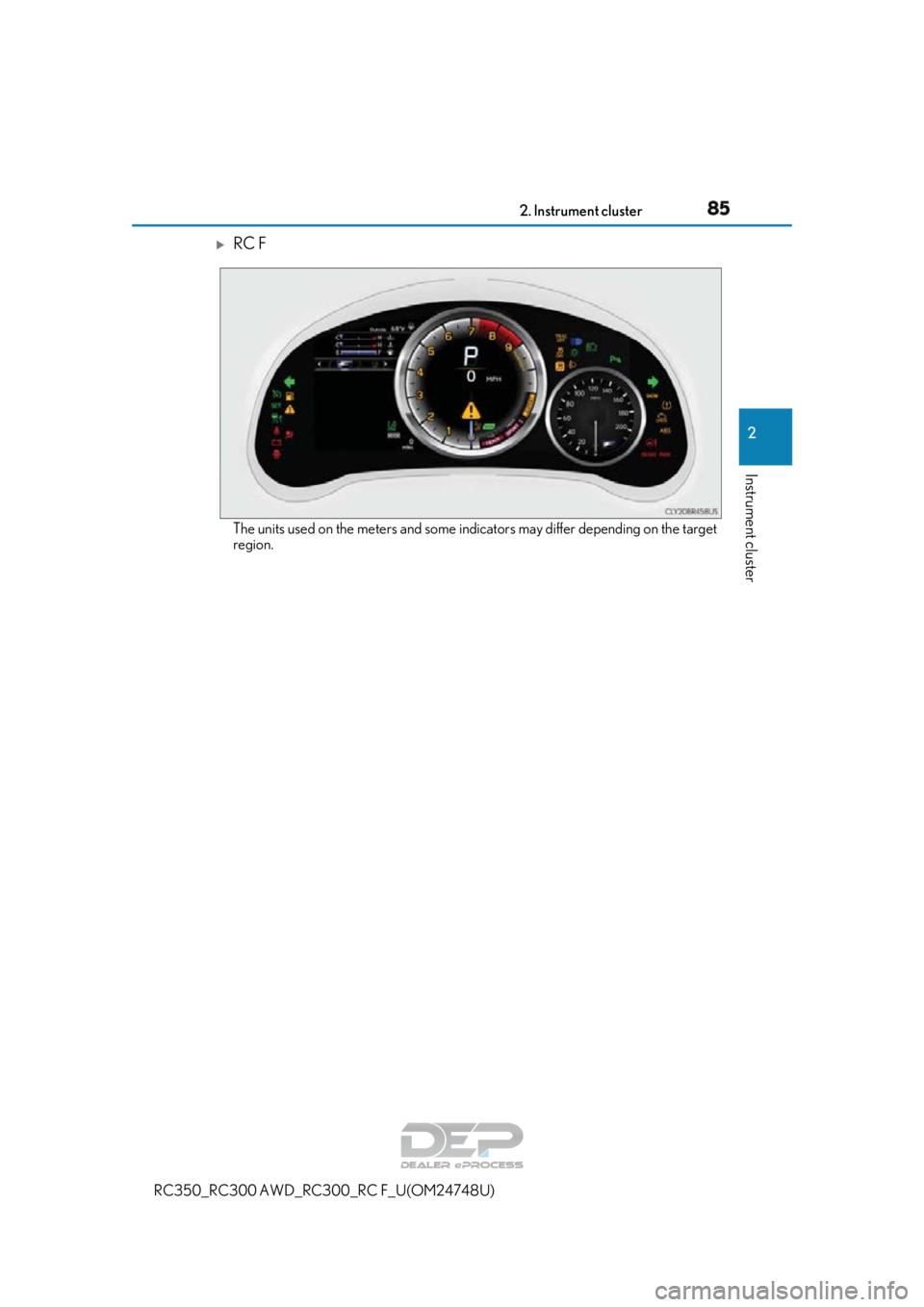 LEXUS RC350 2018 Manual Online 852. Instrument cluster
2
Instrument cluster
RC350_RC300 AWD_RC300_RC F_U(OM24748U)
RC F
The units used on the meters and some indi cators may differ depending on the target
region.  