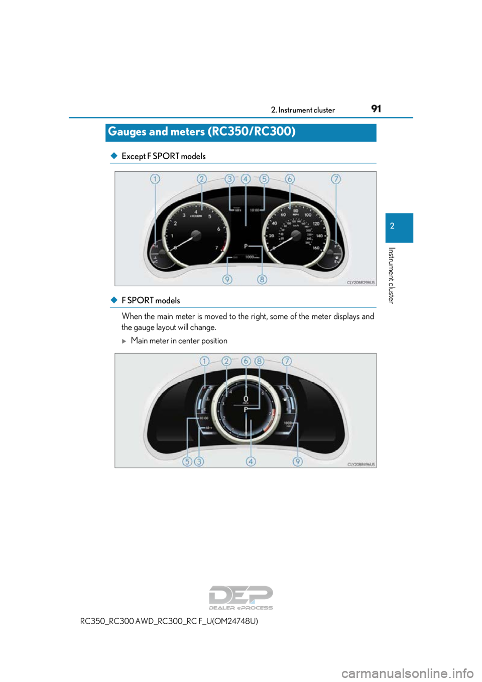LEXUS RC350 2018  Owners Manual 912. Instrument cluster
2
Instrument cluster
RC350_RC300 AWD_RC300_RC F_U(OM24748U)
◆Except F SPORT models
◆F SPORT models 
When the main meter is moved to the ri ght, some of the meter displays a
