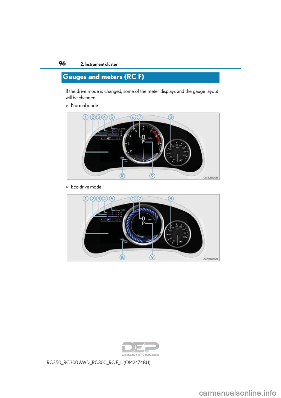 LEXUS RC350 2018  Owners Manual 962. Instrument cluster
RC350_RC300 AWD_RC3 00_RC F_U(OM24748U)
If the drive mode is changed, some of  the meter displays and the gauge layout
will be changed.
Normal mode
Eco drive mode
Gauges 