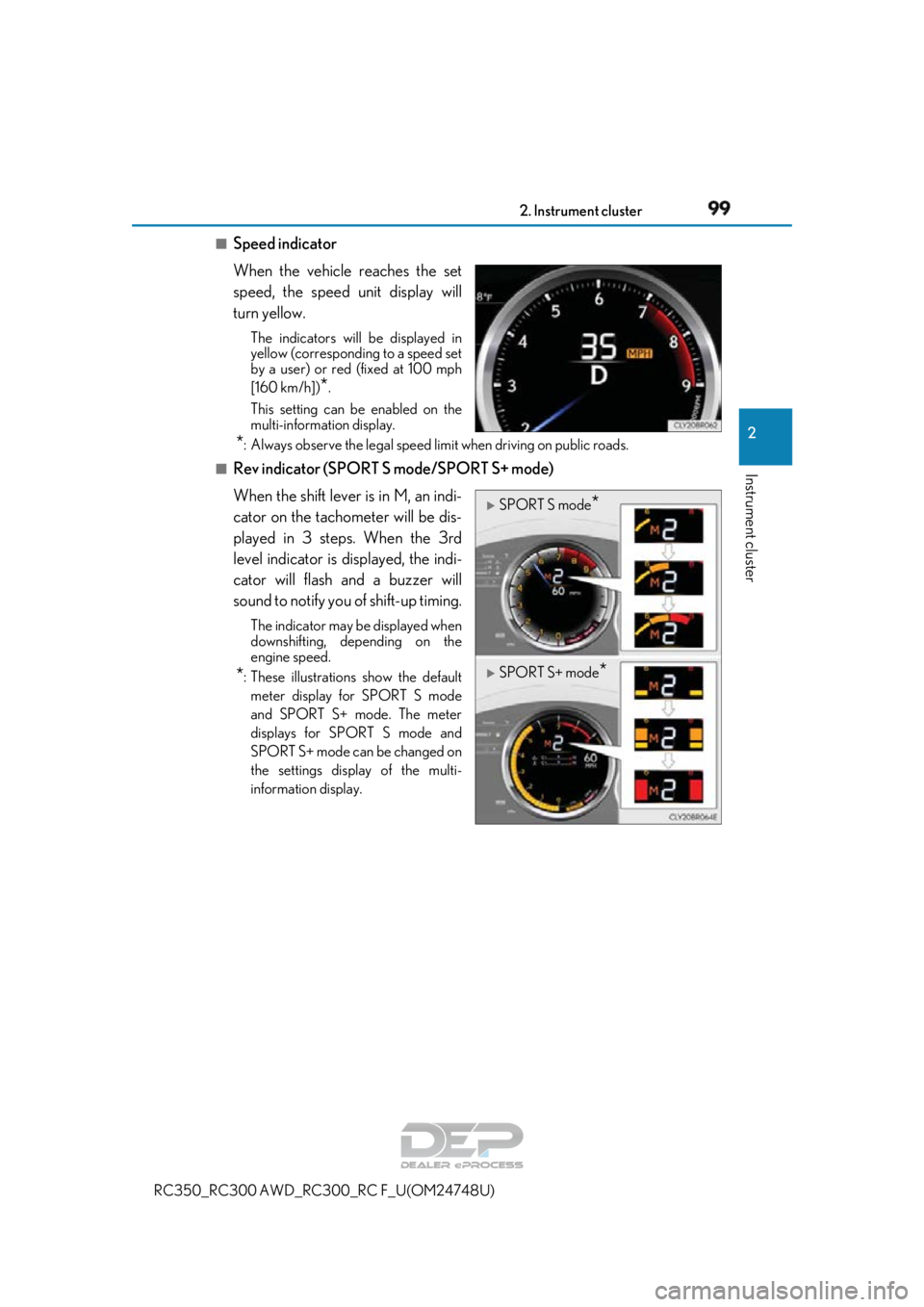 LEXUS RC350 2018  Owners Manual 992. Instrument cluster
2
Instrument cluster
RC350_RC300 AWD_RC300_RC F_U(OM24748U)
■Speed indicator
When the vehicle reaches the set
speed, the speed unit display will
turn yellow.
The indicators w