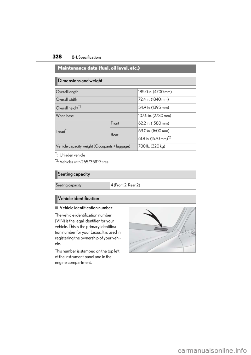LEXUS RC350 2021 Owners Manual 3288-1. Specifications
8-1.Specifications
*1:Unladen vehicle
*2: Vehicles with 265/35R19 tires
■Vehicle identification number
The vehicle identification number
(VIN) is the legal identifier for you LEXUS RC350 2021 Owners Manual 3288-1. Specifications
8-1.Specifications
*1:Unladen vehicle
*2: Vehicles with 265/35R19 tires
■Vehicle identification number
The vehicle identification number
(VIN) is the legal identifier for you