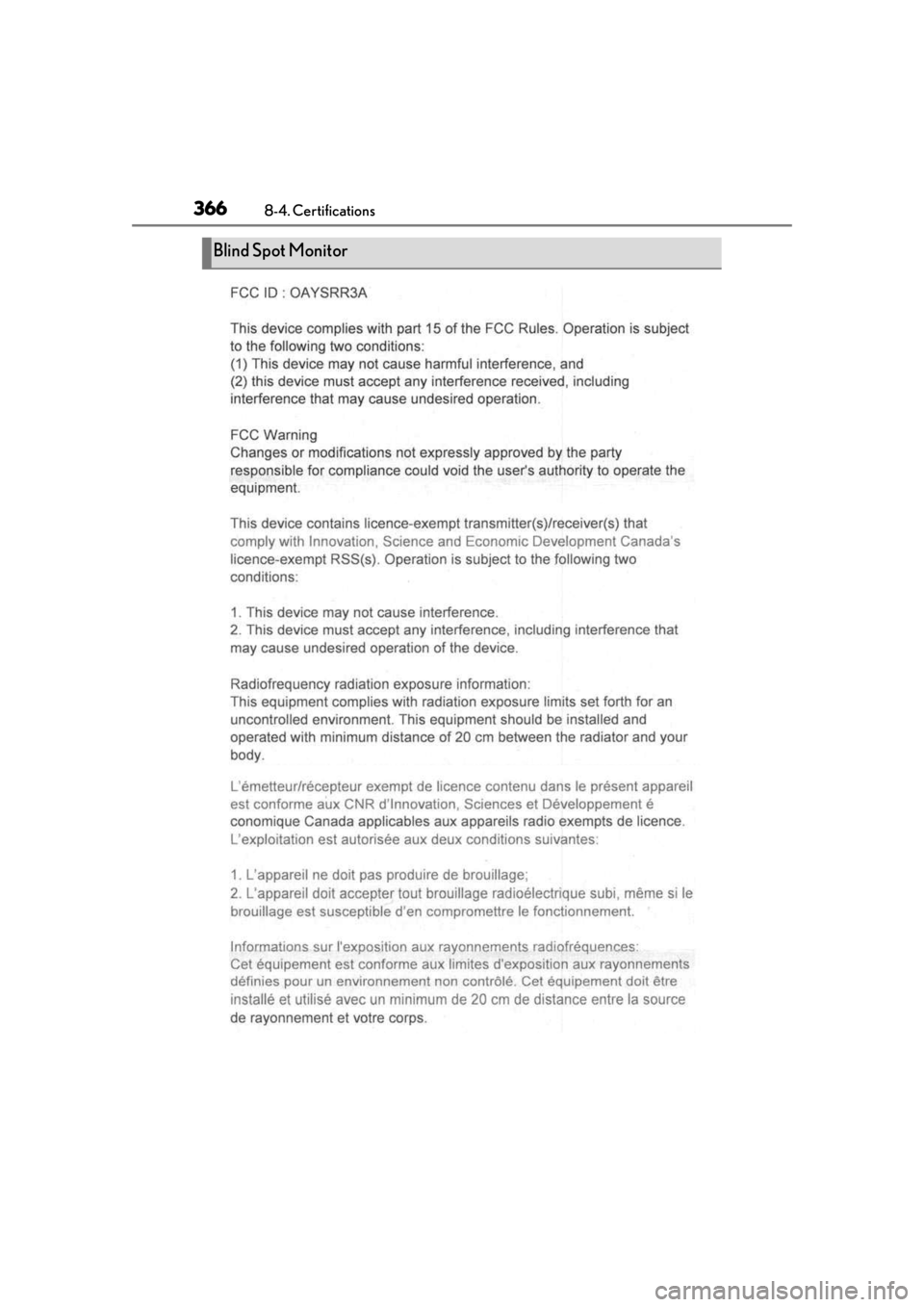 LEXUS RC350 2021  Owners Manual 3668-4. Certifications
Blind Spot Monitor 