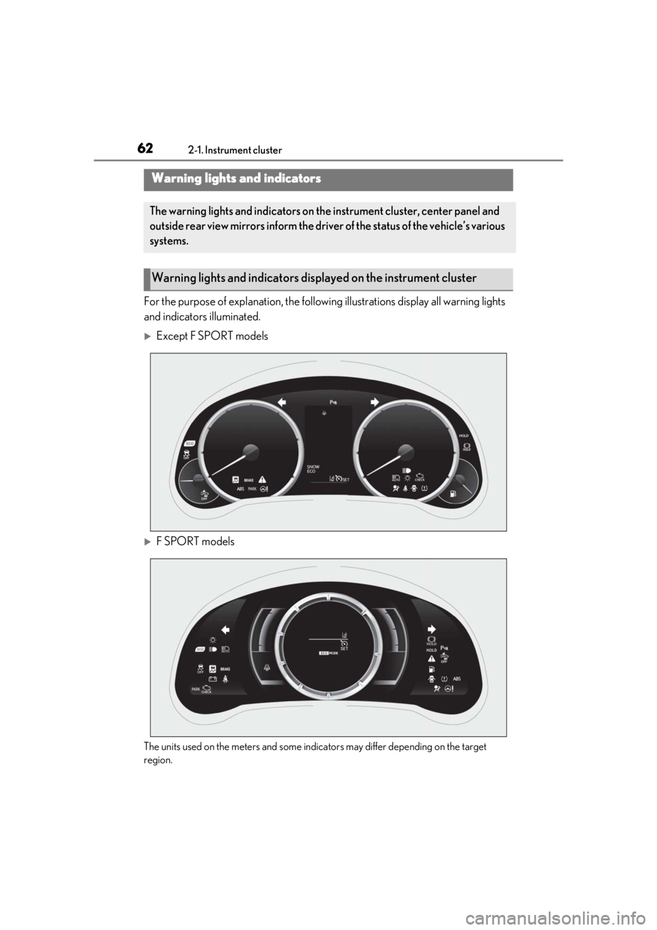 LEXUS RC350 2021  Owners Manual 622-1. Instrument cluster
2-1.Instrument cluster
For the purpose of explanation, the following illustrations display all warning lights 
and indicators illuminated.
Except F SPORT models
F SPORT