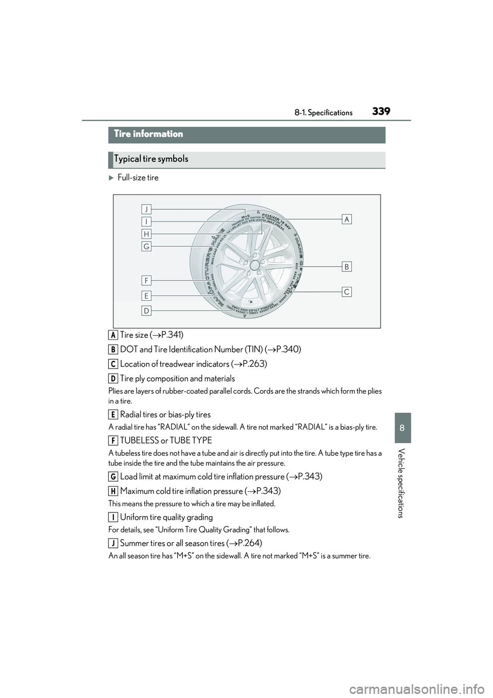 LEXUS RC350 2022 Owners Manual 3398-1. Specifications
RC350/RC300 Owners Manual
8
Vehicle specifications
Full-size tireTire size ( P.341)
DOT and Tire Identification Number (TIN) ( P.340)
Location of treadwear indicators LEXUS RC350 2022 Owners Manual 3398-1. Specifications
RC350/RC300 Owners Manual
8
Vehicle specifications
Full-size tireTire size ( P.341)
DOT and Tire Identification Number (TIN) ( P.340)
Location of treadwear indicators