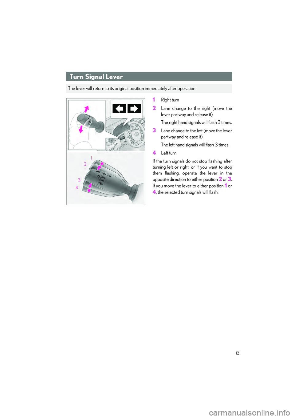 LEXUS RC350 2023 User Guide 12
RC350 AWD_RC350_RC300 AWD_RC300_QG_(U)
When Driving
1Right turn
2Lane change to the right (move the
lever partway and release it)
The right hand signals will flash 3 times.
3Lane change to the left