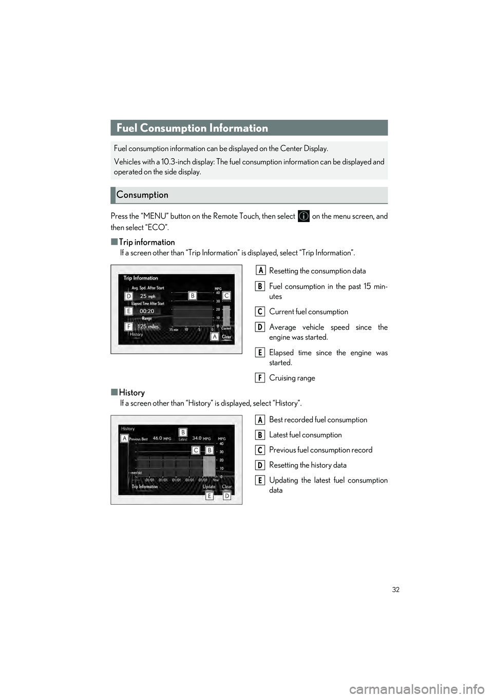 LEXUS RC350 2023 Owners Guide 32
RC350 AWD_RC350_RC300 AWD_RC300_QG_(U)
Press the “MENU” button on the Remote Touch, then select   on the menu screen, and
then select “ECO”.
■Trip information
If a screen other than “Tr