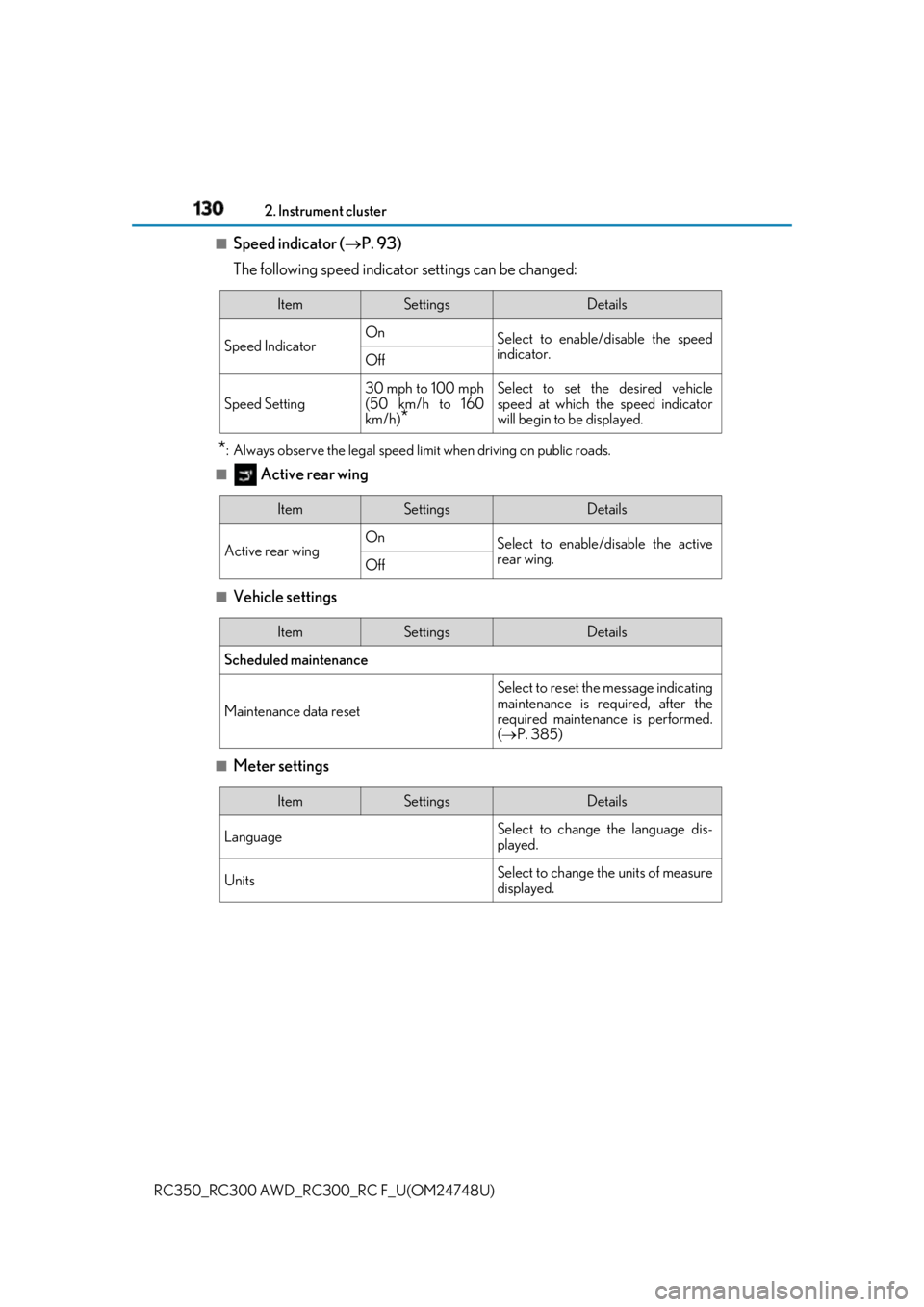 LEXUS RCF 2018  Owners Manual 130 2. Instrument cluster
RC350_RC300 AWD_RC3 00_RC F_U(OM24748U)■
Speed indicator (  P. 93) 
The following speed indicator settings can be changed:
* :  Always observe the legal speed li mit whe