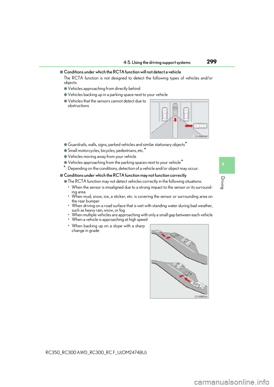 LEXUS RCF 2018 Owners Manual 2994-5. Using the driving support systems
4
Driving
RC350_RC300 AWD_RC3 00_RC F_U(OM24748U)■
Conditions under which the RCTA fu nction will not detect a vehicle
The RCTA function is not designed to LEXUS RCF 2018 Owners Manual 2994-5. Using the driving support systems
4
Driving
RC350_RC300 AWD_RC3 00_RC F_U(OM24748U)■
Conditions under which the RCTA fu nction will not detect a vehicle
The RCTA function is not designed to