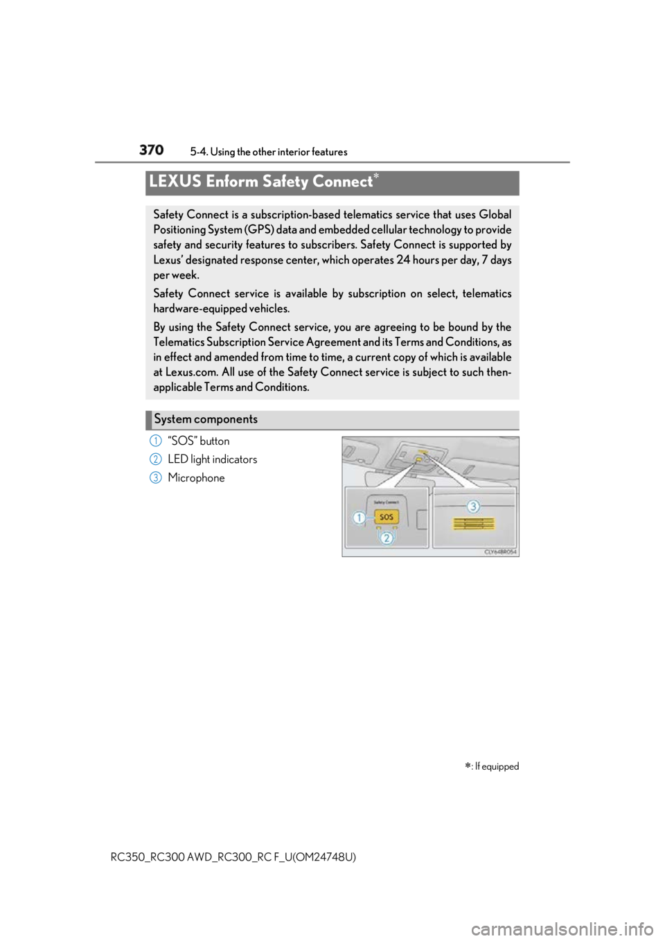 LEXUS RCF 2018 Owners Manual 370 5-4. Using the other interior features
RC350_RC300 AWD_RC3 00_RC F_U(OM24748U)“SOS” button
LED light indicators
MicrophoneLEXUS Enform Safety Connect
: If equippedSafety Connect is a s LEXUS RCF 2018 Owners Manual 370 5-4. Using the other interior features
RC350_RC300 AWD_RC3 00_RC F_U(OM24748U)“SOS” button
LED light indicators
MicrophoneLEXUS Enform Safety Connect
: If equippedSafety Connect is a s