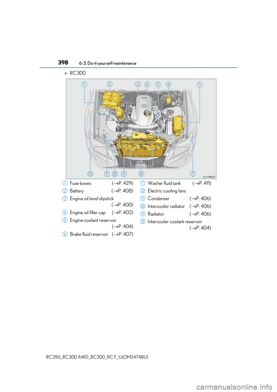 LEXUS RCF 2018 Owners Manual 398 6-3. Do-it-yourself maintenance
RC350_RC300 AWD_RC3 00_RC F_U(OM24748U)
RC300
Fuse boxes ( P. 429)
Battery ( P. 408)
Engine oil level dipstick
( P. 400)
Engine oil filler cap ( LEXUS RCF 2018 Owners Manual 398 6-3. Do-it-yourself maintenance
RC350_RC300 AWD_RC3 00_RC F_U(OM24748U)
RC300
Fuse boxes ( P. 429)
Battery ( P. 408)
Engine oil level dipstick
( P. 400)
Engine oil filler cap ( 