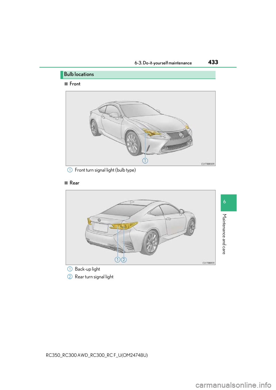 LEXUS RCF 2018  Owners Manual 4336-3. Do-it-yourself maintenance
RC350_RC300 AWD_RC3 00_RC F_U(OM24748U) 6
Maintenance and care ■
Front
■
RearBulb locations
Front turn signal light (bulb type) 1
Back-up light
Rear turn signal 