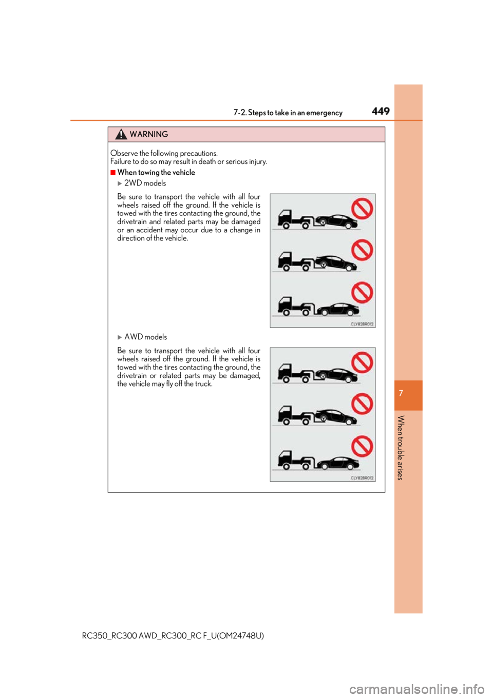 LEXUS RCF 2018 Owners Manual 4497-2. Steps to take in an emergency
RC350_RC300 AWD_RC3 00_RC F_U(OM24748U) 7
When trouble arises WARNING
Observe the following precautions.
Failure to do so may result in death or serious injury. LEXUS RCF 2018 Owners Manual 4497-2. Steps to take in an emergency
RC350_RC300 AWD_RC3 00_RC F_U(OM24748U) 7
When trouble arises WARNING
Observe the following precautions.
Failure to do so may result in death or serious injury.