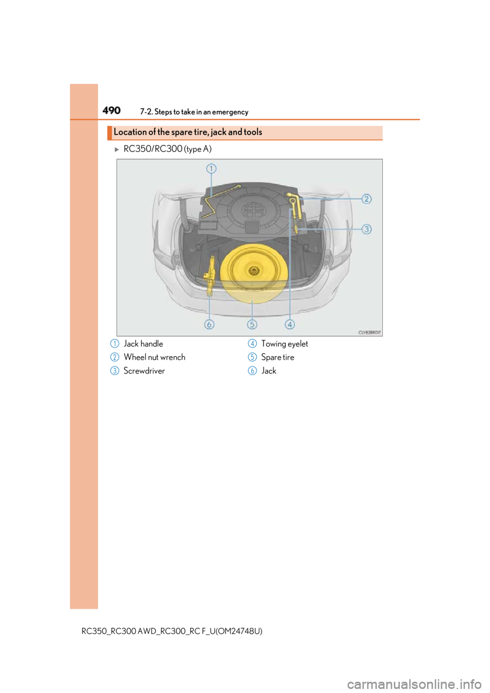 LEXUS RCF 2018 Owners Manual 490 7-2. Steps to take in an emergency
RC350_RC300 AWD_RC3 00_RC F_U(OM24748U)
RC350/RC300 (type A)
Location of the spare tire, jack and tools
Jack handle
Wheel nut wrench
Screwdriver Towing eyelet LEXUS RCF 2018 Owners Manual 490 7-2. Steps to take in an emergency
RC350_RC300 AWD_RC3 00_RC F_U(OM24748U)
RC350/RC300 (type A)
Location of the spare tire, jack and tools
Jack handle
Wheel nut wrench
Screwdriver Towing eyelet