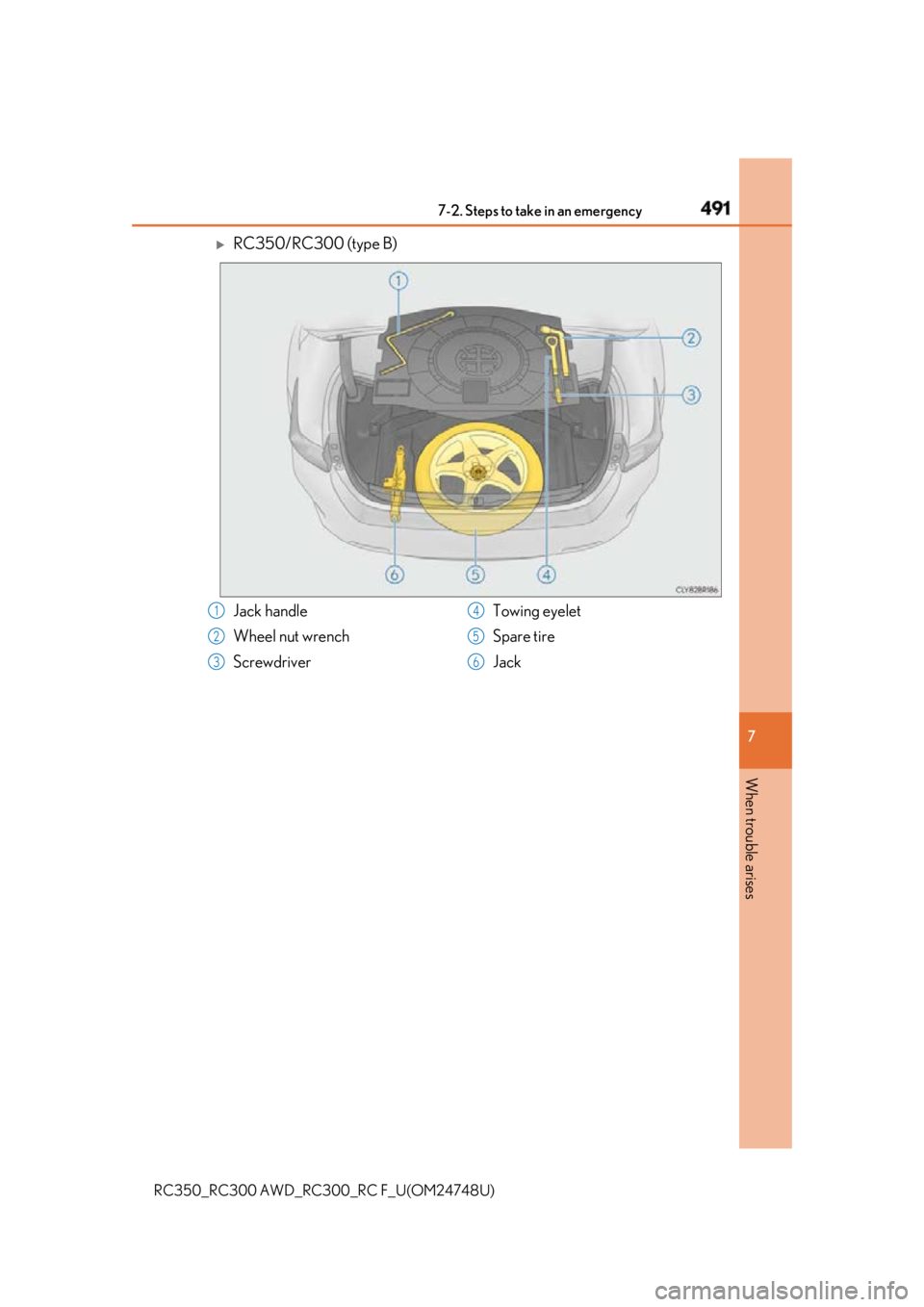 LEXUS RCF 2018 Owners Manual 4917-2. Steps to take in an emergency
RC350_RC300 AWD_RC3 00_RC F_U(OM24748U) 7
When trouble arises
RC350/RC300 (type B)
Jack handle
Wheel nut wrench
Screwdriver Towing eyelet
Spare tire
Jack1
2
3 LEXUS RCF 2018 Owners Manual 4917-2. Steps to take in an emergency
RC350_RC300 AWD_RC3 00_RC F_U(OM24748U) 7
When trouble arises
RC350/RC300 (type B)
Jack handle
Wheel nut wrench
Screwdriver Towing eyelet
Spare tire
Jack1
2
3