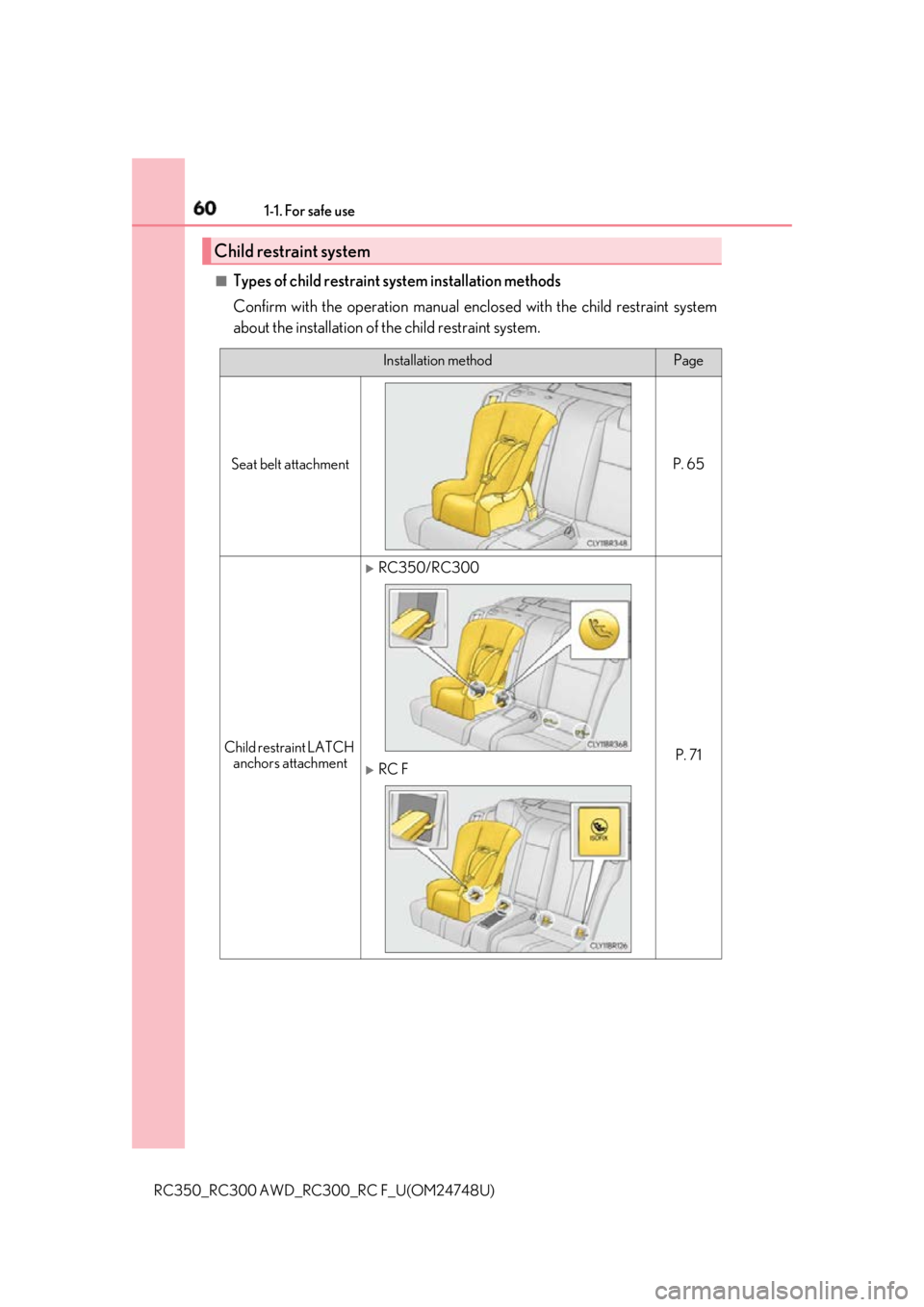 LEXUS RCF 2018 Workshop Manual 60 1-1. For safe use
RC350_RC300 AWD_RC3 00_RC F_U(OM24748U)■
Types of child restraint system installation methods
Confirm with the operation manual encl osed with the child restraint system
about t LEXUS RCF 2018 Workshop Manual 60 1-1. For safe use
RC350_RC300 AWD_RC3 00_RC F_U(OM24748U)■
Types of child restraint system installation methods
Confirm with the operation manual encl osed with the child restraint system
about t