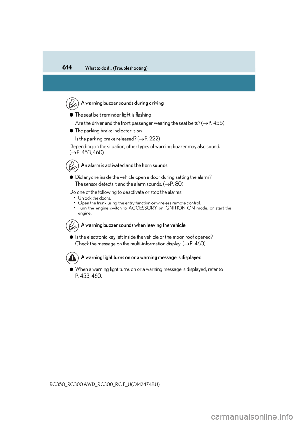 LEXUS RCF 2018 Owners Manual 614 What to do if... (Troubleshooting)
RC350_RC300 AWD_RC3 00_RC F_U(OM24748U)●
The seat belt reminder light is flashing
Are the driver and the front passe nger wearing the seat belts? ( P. 455) LEXUS RCF 2018 Owners Manual 614 What to do if... (Troubleshooting)
RC350_RC300 AWD_RC3 00_RC F_U(OM24748U)●
The seat belt reminder light is flashing
Are the driver and the front passe nger wearing the seat belts? ( P. 455)