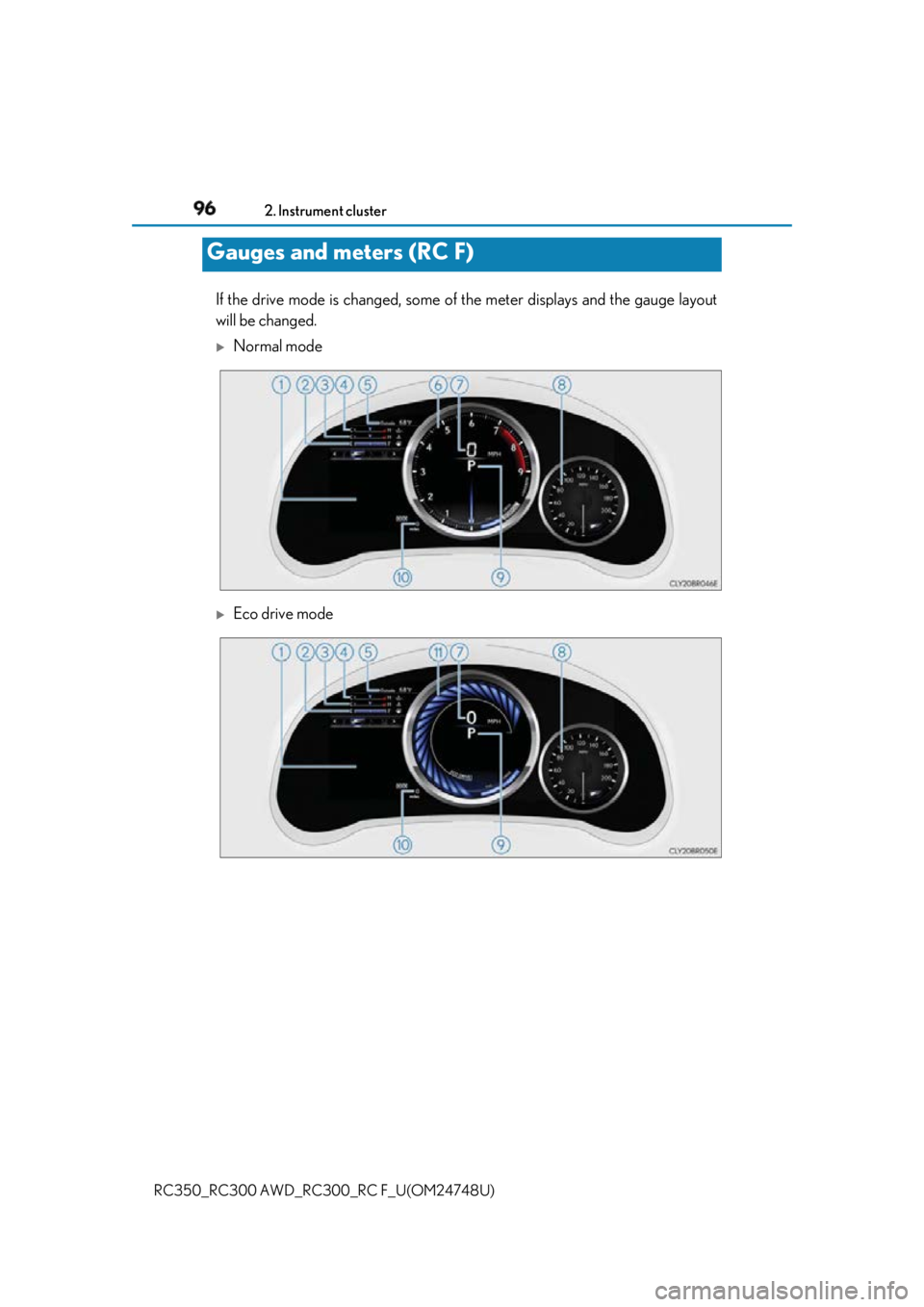 LEXUS RCF 2018 Owners Manual 96 2. Instrument cluster
RC350_RC300 AWD_RC3 00_RC F_U(OM24748U)If the drive mode is changed, some of the meter displays and the gauge layout
will be changed.
Normal mode
Eco drive modeGauges LEXUS RCF 2018 Owners Manual 96 2. Instrument cluster
RC350_RC300 AWD_RC3 00_RC F_U(OM24748U)If the drive mode is changed, some of the meter displays and the gauge layout
will be changed.
Normal mode
Eco drive modeGauges