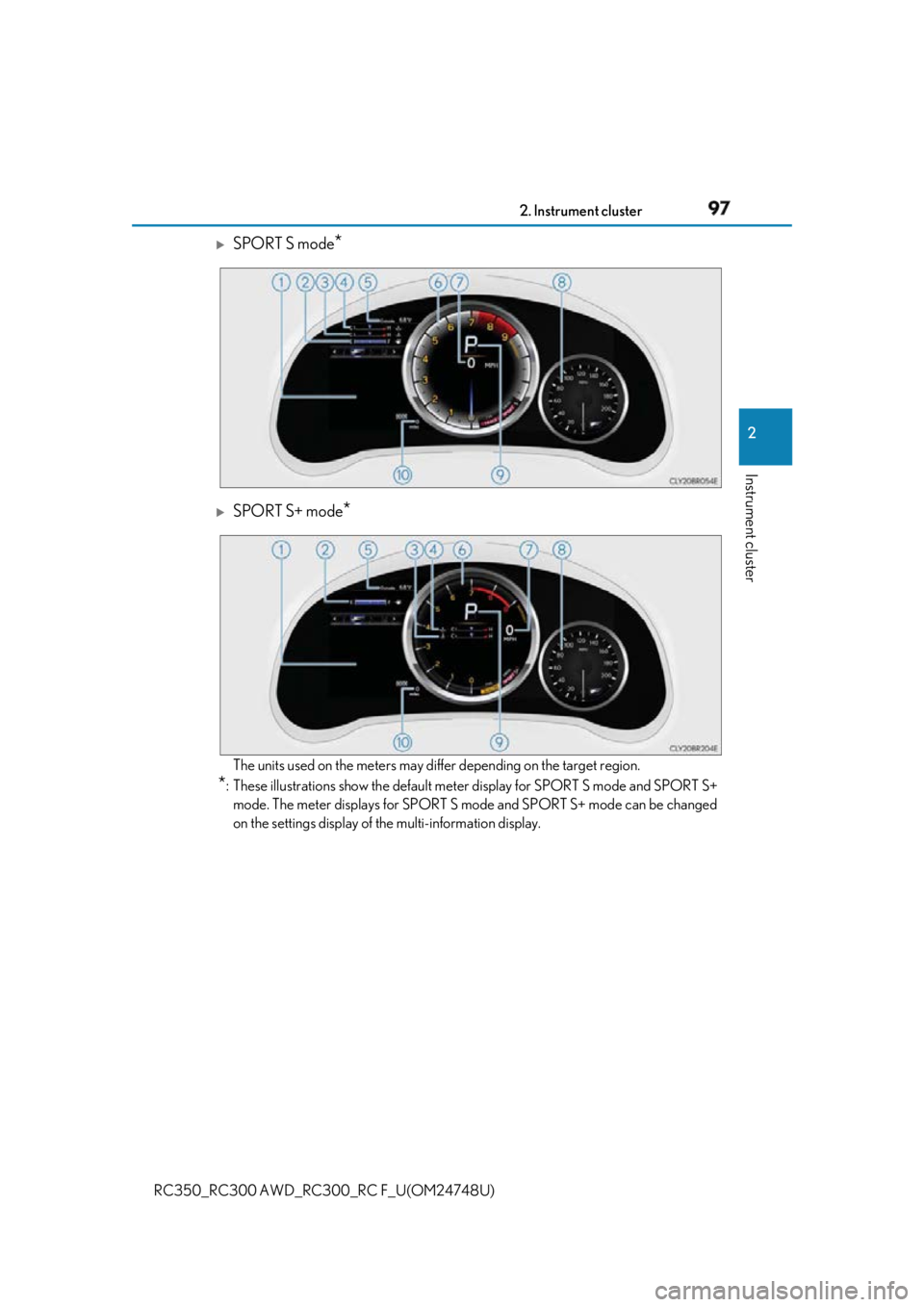 LEXUS RCF 2018 Owners Manual 972. Instrument cluster
2
Instrument cluster
RC350_RC300 AWD_RC3 00_RC F_U(OM24748U)
SPORT S mode
*
SPORT S+ mode
*
The units used on the meters may differ depending on the target region.
* : T LEXUS RCF 2018 Owners Manual 972. Instrument cluster
2
Instrument cluster
RC350_RC300 AWD_RC3 00_RC F_U(OM24748U)
SPORT S mode
*
SPORT S+ mode
*
The units used on the meters may differ depending on the target region.
* : T
