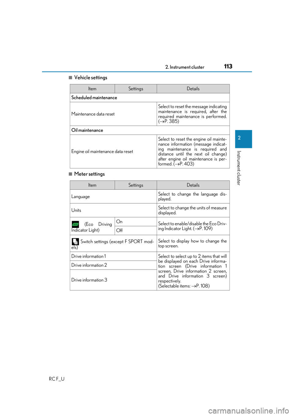 LEXUS RCF 2019  Owners Manual 1132. Instrument cluster
2
Instrument cluster
RC F_U ■
Vehicle settings
■
Meter settings Item Settings Details
Scheduled maintenance
Maintenance data reset Select to reset the message indicating
m