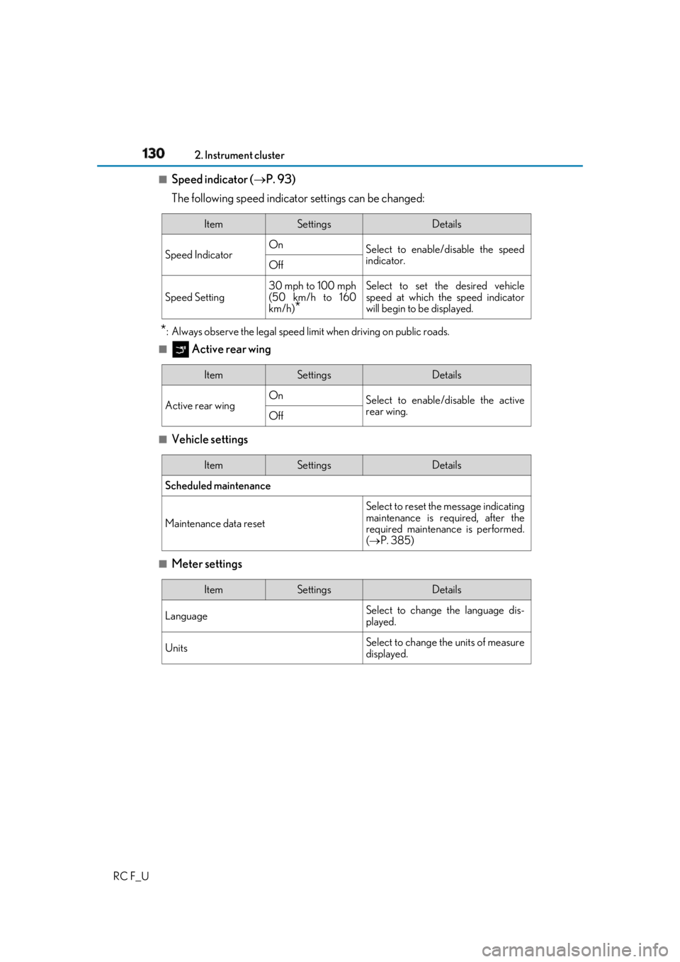LEXUS RCF 2019  Owners Manual 130 2. Instrument cluster
RC F_U ■
Speed indicator (  P. 93) 
The following speed indicator settings can be changed:
* :  Always observe the legal speed li mit when driving on public roads.■
 A