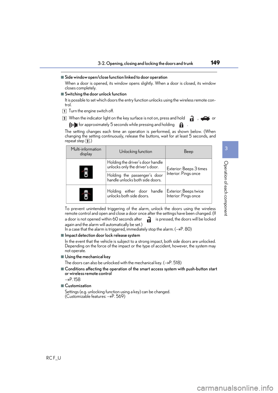 LEXUS RCF 2019 Owners Manual 1493-2. Opening, closing and locking the doors and trunk
3
Operation of each component
RC F_U ■
Side window open/close function linked to door operation
When a door is opened, its window opens s lig LEXUS RCF 2019 Owners Manual 1493-2. Opening, closing and locking the doors and trunk
3
Operation of each component
RC F_U ■
Side window open/close function linked to door operation
When a door is opened, its window opens s lig