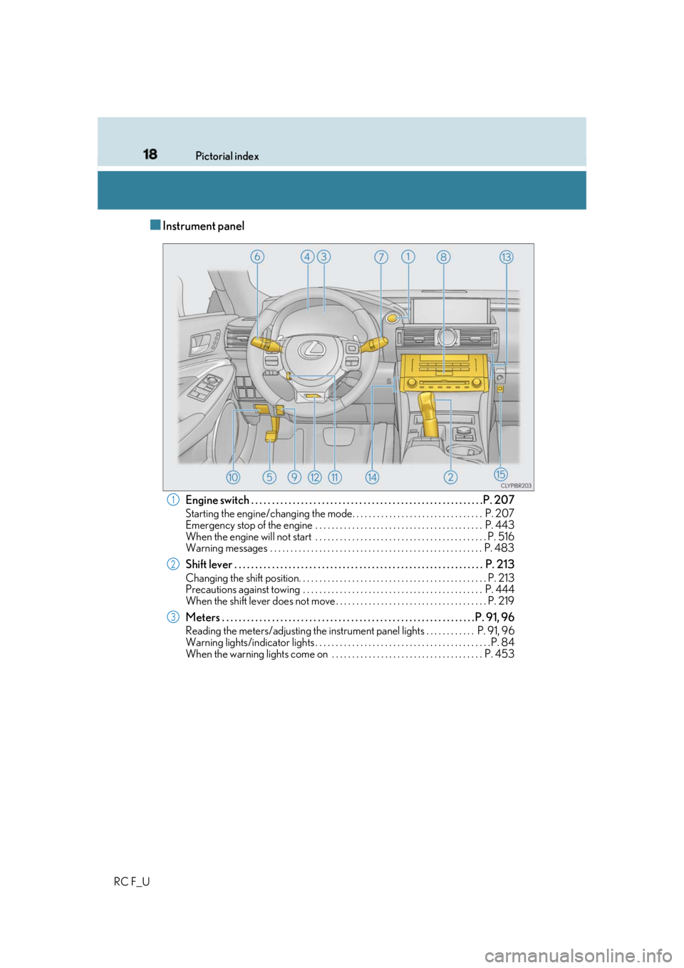 LEXUS RCF 2019 Owners Manual 18 Pictorial index
RC F_U ■ Instrument panel
Engine switch . . . . . . . . . . . . . . . . . . . . . . . . . . . . . . . . . . . . . . . . . . . . . . . . . . . . . . . .P. 207Starting the engine/c LEXUS RCF 2019 Owners Manual 18 Pictorial index
RC F_U ■ Instrument panel
Engine switch . . . . . . . . . . . . . . . . . . . . . . . . . . . . . . . . . . . . . . . . . . . . . . . . . . . . . . . .P. 207Starting the engine/c