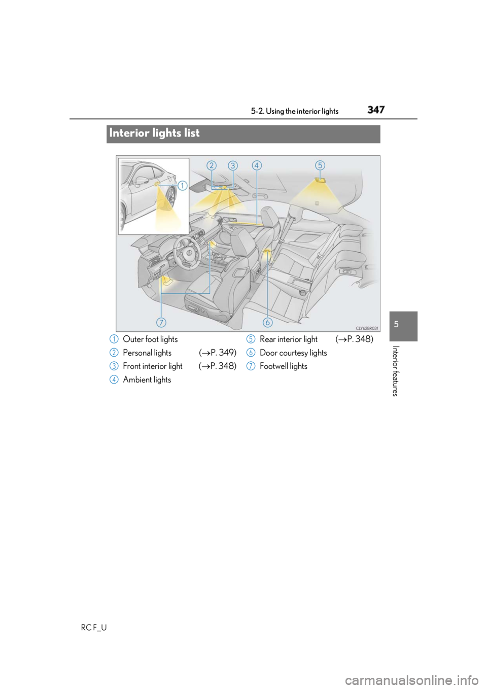 LEXUS RCF 2019  Owners Manual 347
RC F_U 5
Interior features 5-2. Using the interior lights
Interior lights list
Outer foot lights
Personal lights (  P. 349)
Front interior light  (  P. 348)
Ambient lights Rear interior ligh
