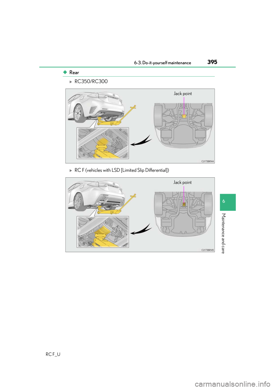LEXUS RCF 2019  Owners Manual 3956-3. Do-it-yourself maintenance
RC F_U 6
Maintenance and care ◆ Rear 
RC350/RC300 
RC F (vehicles with LSD [Limited Slip Differential]) Jack point
Jack point 