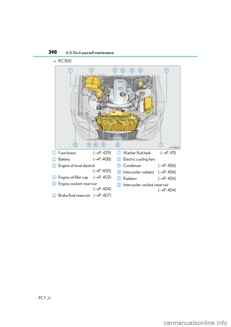 LEXUS RCF 2019 User Guide 398 6-3. Do-it-yourself maintenance
RC F_U
RC300
Fuse boxes ( P. 429)
Battery ( P. 408)
Engine oil level dipstick
( P. 400)
Engine oil filler cap ( P. 402)
Engine coolant reservoi LEXUS RCF 2019 User Guide 398 6-3. Do-it-yourself maintenance
RC F_U
RC300
Fuse boxes ( P. 429)
Battery ( P. 408)
Engine oil level dipstick
( P. 400)
Engine oil filler cap ( P. 402)
Engine coolant reservoi