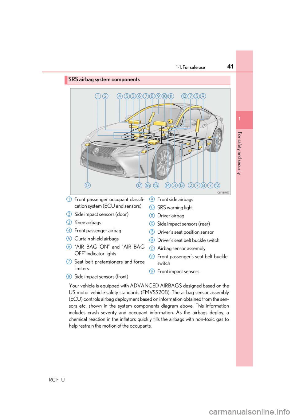 LEXUS RCF 2019  Owners Manual 411-1. For safe use
1
For safety and security
RC F_U Your vehicle is equipped with ADVA NCED AIRBAGS designed based on the
US motor vehicle safety standards (F MVSS208). The airbag sensor assembly
(EC