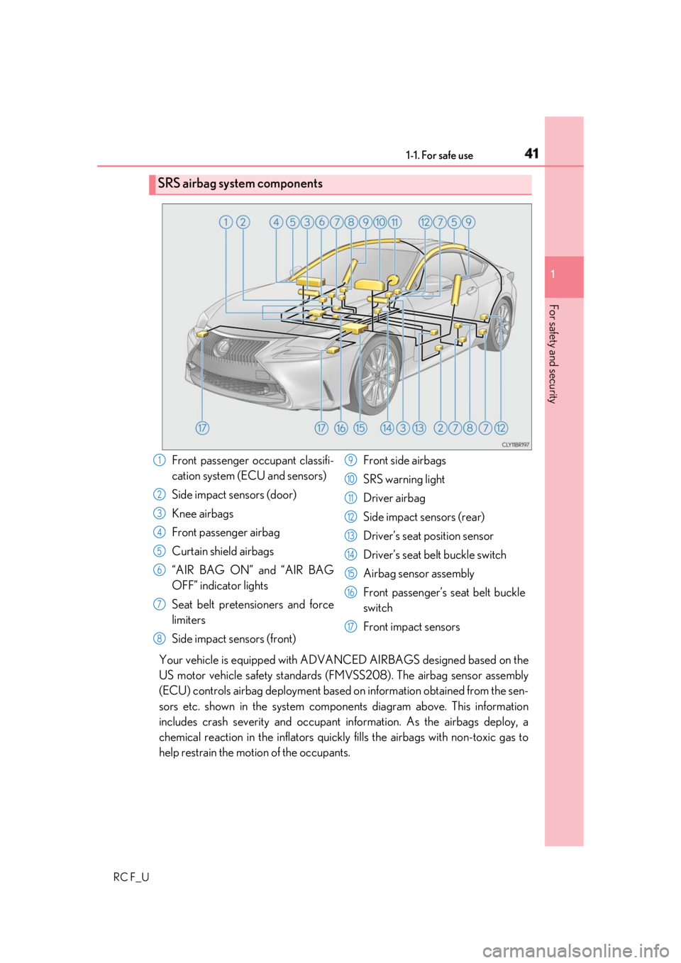 LEXUS RCF 2019 Service Manual 411-1. For safe use
1
For safety and security
RC F_U Your vehicle is equipped with ADVA NCED AIRBAGS designed based on the
US motor vehicle safety standards (F MVSS208). The airbag sensor assembly
(EC LEXUS RCF 2019 Service Manual 411-1. For safe use
1
For safety and security
RC F_U Your vehicle is equipped with ADVA NCED AIRBAGS designed based on the
US motor vehicle safety standards (F MVSS208). The airbag sensor assembly
(EC