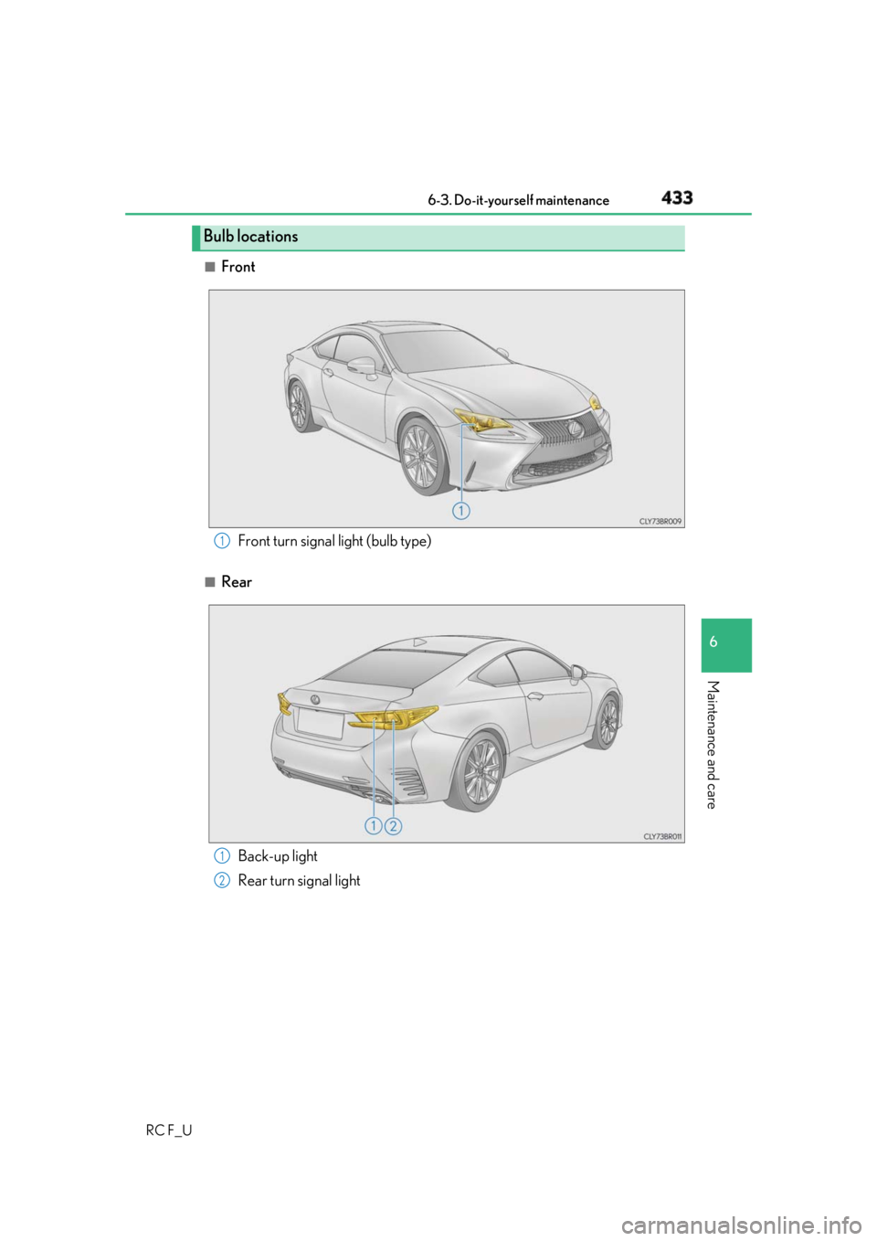 LEXUS RCF 2019  Owners Manual 4336-3. Do-it-yourself maintenance
RC F_U 6
Maintenance and care ■
Front
■
RearBulb locations
Front turn signal light (bulb type) 1
Back-up light
Rear turn signal light 1
2 