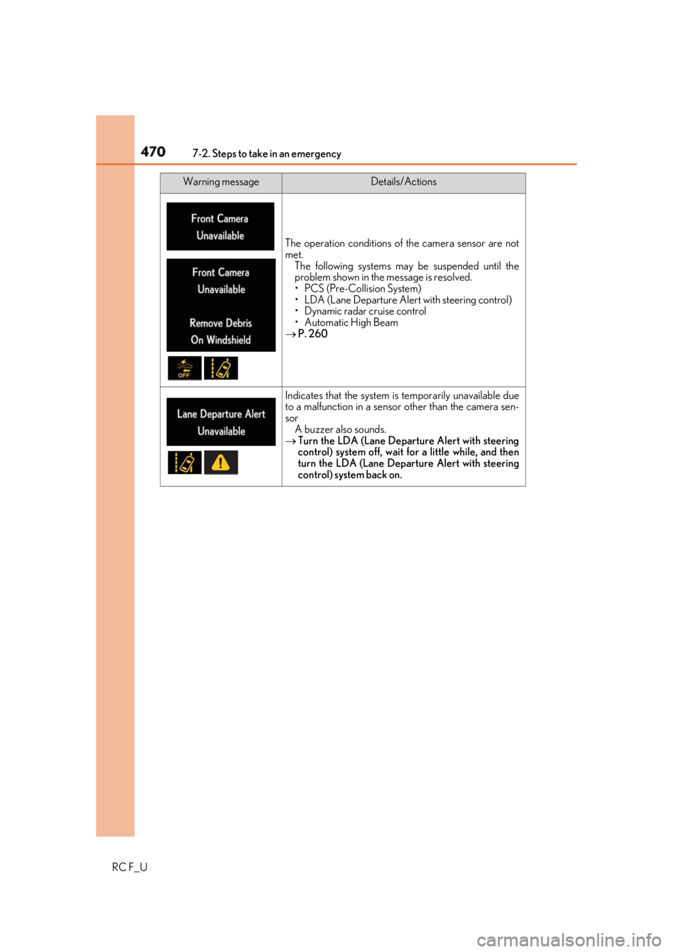 LEXUS RCF 2019 Owners Manual 470 7-2. Steps to take in an emergency
RC F_U The operation conditions of the camera sensor are not
met.
The following systems may be suspended until the
problem shown in the message is resolved.
• LEXUS RCF 2019 Owners Manual 470 7-2. Steps to take in an emergency
RC F_U The operation conditions of the camera sensor are not
met.
The following systems may be suspended until the
problem shown in the message is resolved.
•