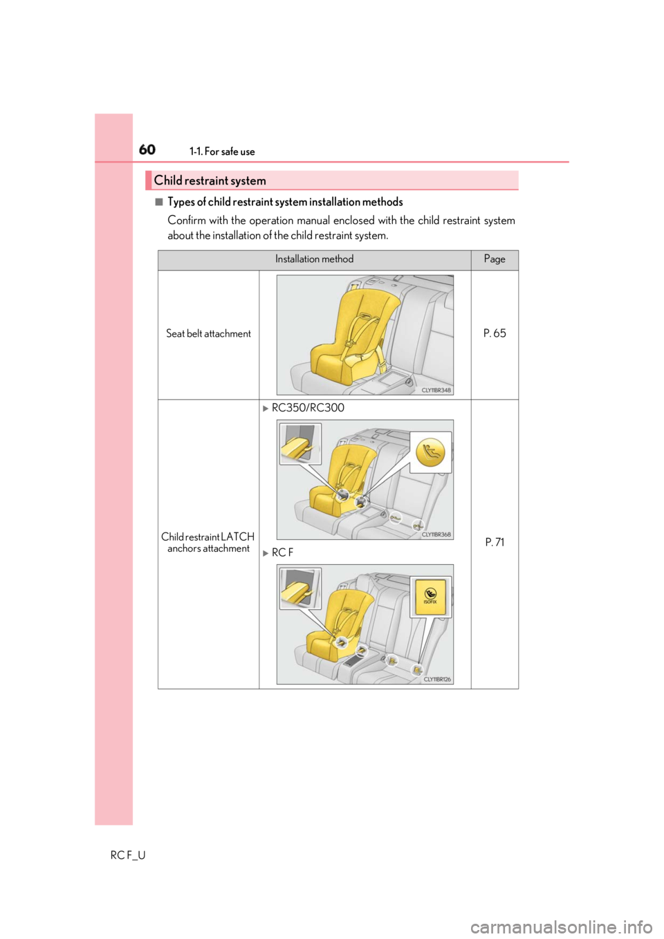 LEXUS RCF 2019 Workshop Manual 60 1-1. For safe use
RC F_U ■
Types of child restraint system installation methods
Confirm with the operation manual encl osed with the child restraint system
about the installation of the child re LEXUS RCF 2019 Workshop Manual 60 1-1. For safe use
RC F_U ■
Types of child restraint system installation methods
Confirm with the operation manual encl osed with the child restraint system
about the installation of the child re