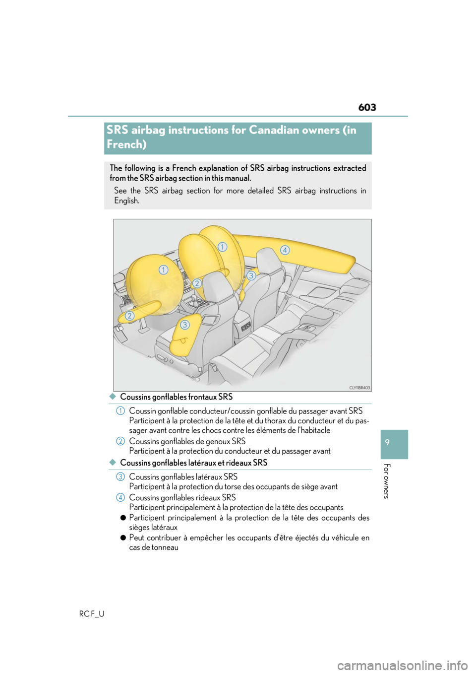 LEXUS RCF 2019 Owners Manual 603
9
For owners
RC F_U ◆ Coussins gonflables frontaux SRS
Coussin gonflable conducteur/coussin gonflable du passager avant SRS
Participent à la protection de la tête et du thorax du conducteur LEXUS RCF 2019 Owners Manual 603
9
For owners
RC F_U ◆ Coussins gonflables frontaux SRS
Coussin gonflable conducteur/coussin gonflable du passager avant SRS
Participent à la protection de la tête et du thorax du conducteur
