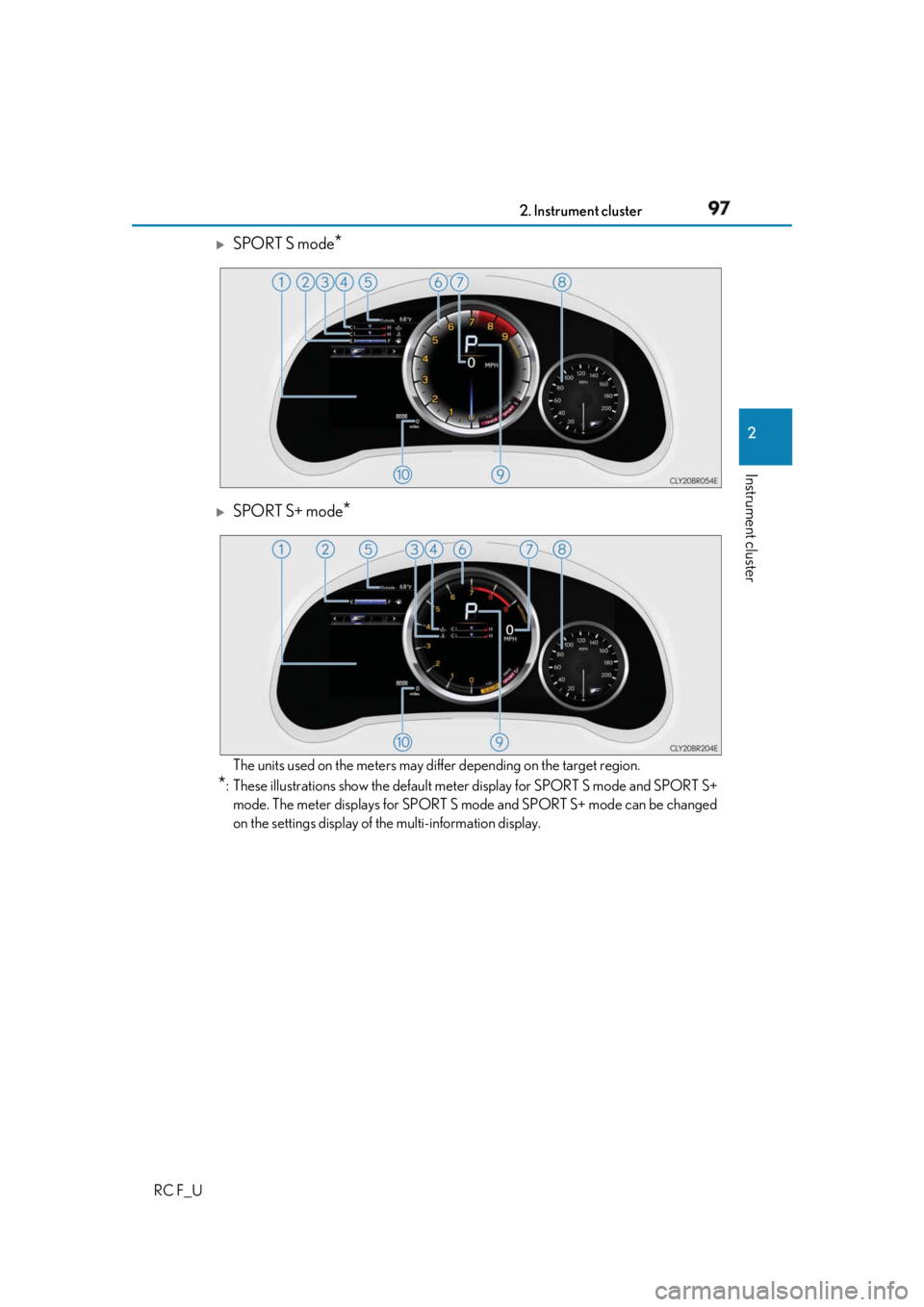 LEXUS RCF 2019 Owners Manual 972. Instrument cluster
2
Instrument cluster
RC F_U
SPORT S mode
*
SPORT S+ mode
*
The units used on the meters may differ depending on the target region.
* : These illustrations sh ow the def LEXUS RCF 2019 Owners Manual 972. Instrument cluster
2
Instrument cluster
RC F_U
SPORT S mode
*
SPORT S+ mode
*
The units used on the meters may differ depending on the target region.
* : These illustrations sh ow the def