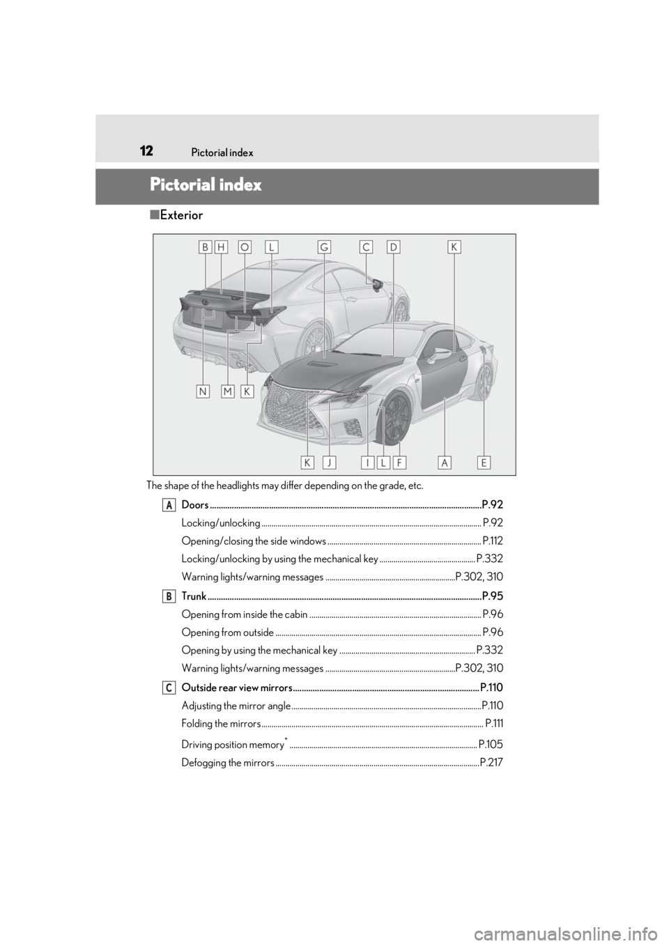 LEXUS RCF 2021 Owners Manual 12Pictorial index
Pictorial index
■Exterior
The shape of the headlights may differ depending on the grade, etc.
Doors ................................................................................ LEXUS RCF 2021 Owners Manual 12Pictorial index
Pictorial index
■Exterior
The shape of the headlights may differ depending on the grade, etc.
Doors ................................................................................