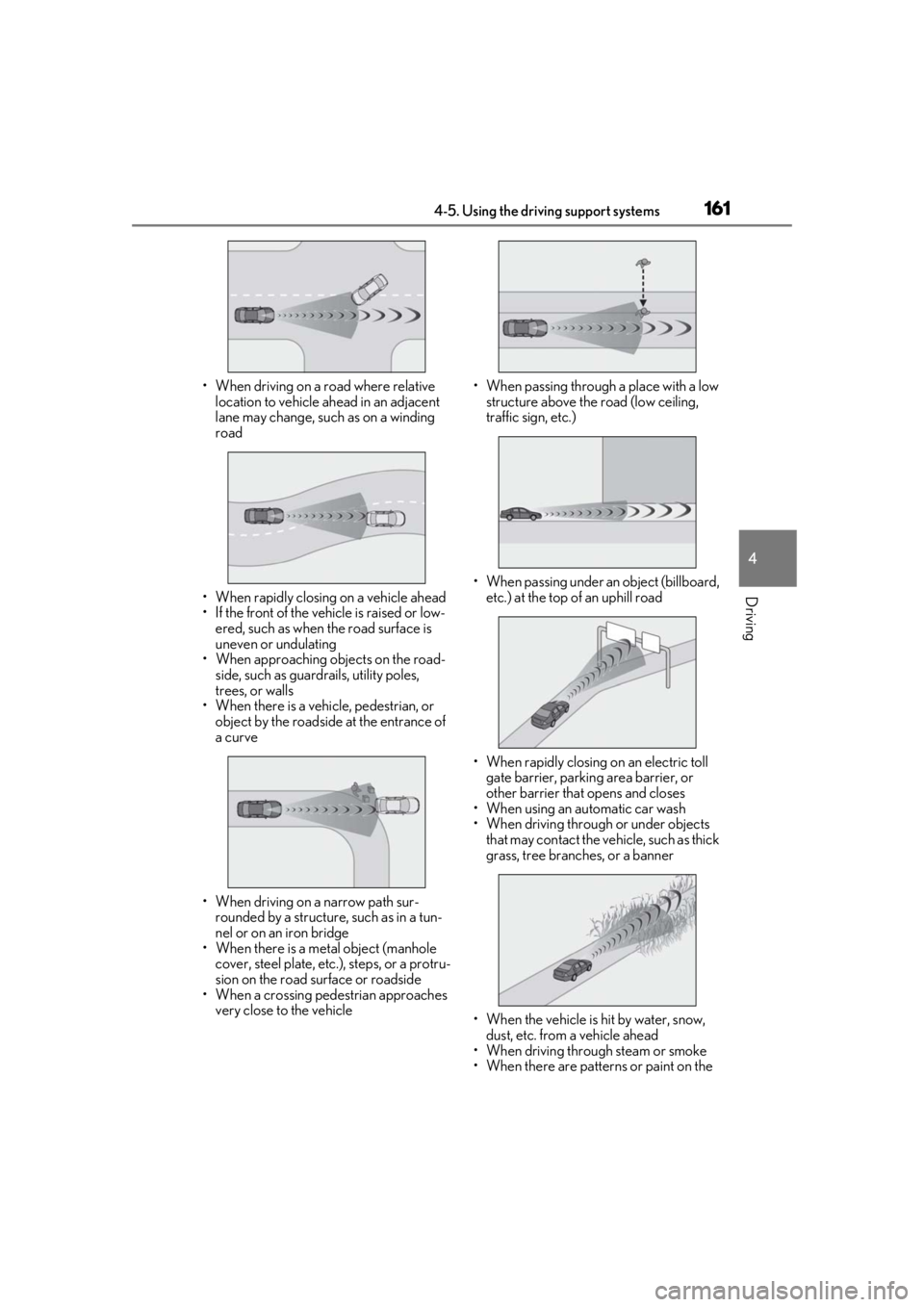 LEXUS RCF 2021 Owners Manual 1614-5. Using the driving support systems
4
Driving
• When driving on a road where relative location to vehicle ahead in an adjacent
lane may change, such as on a winding
road
• When rapidly clo LEXUS RCF 2021 Owners Manual 1614-5. Using the driving support systems
4
Driving
• When driving on a road where relative location to vehicle ahead in an adjacent
lane may change, such as on a winding
road
• When rapidly clo