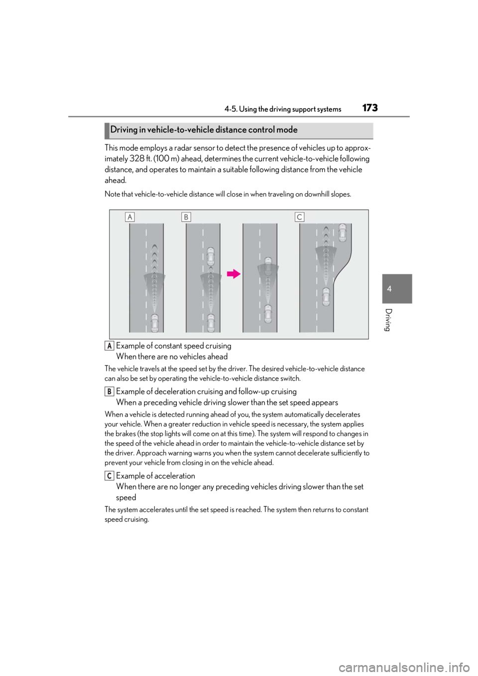 LEXUS RCF 2021 Owners Manual 1734-5. Using the driving support systems
4
Driving
This mode employs a radar sensor to detect the presence of vehicles up to approx-
imately 328 ft. (100 m) ahead, determines the current vehicle-to-v LEXUS RCF 2021 Owners Manual 1734-5. Using the driving support systems
4
Driving
This mode employs a radar sensor to detect the presence of vehicles up to approx-
imately 328 ft. (100 m) ahead, determines the current vehicle-to-v