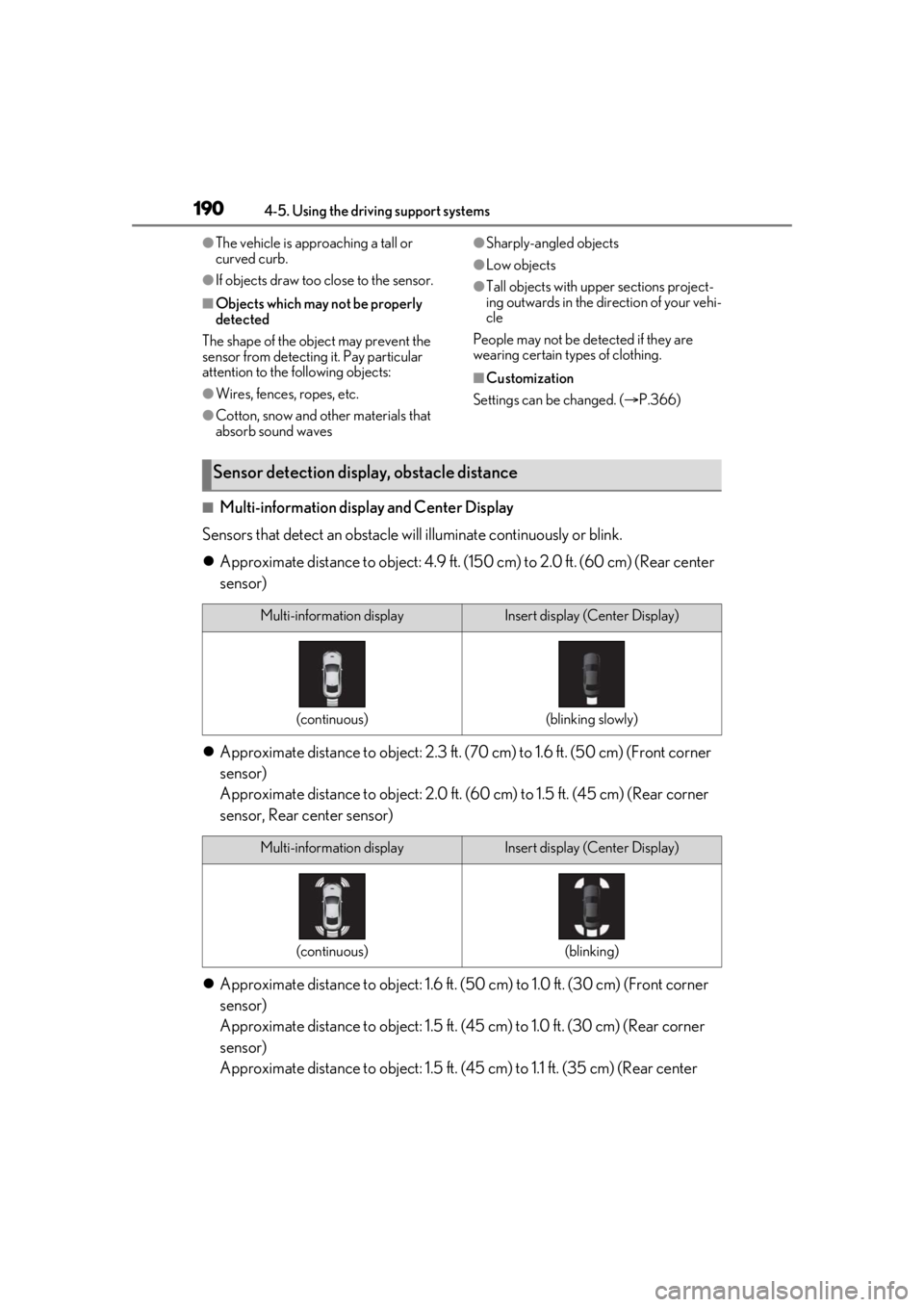 LEXUS RCF 2021 Service Manual 1904-5. Using the driving support systems
●The vehicle is approaching a tall or
curved curb.
●If objects draw too close to the sensor.
■Objects which may not be properly
detected
The shape of LEXUS RCF 2021 Service Manual 1904-5. Using the driving support systems
●The vehicle is approaching a tall or
curved curb.
●If objects draw too close to the sensor.
■Objects which may not be properly
detected
The shape of