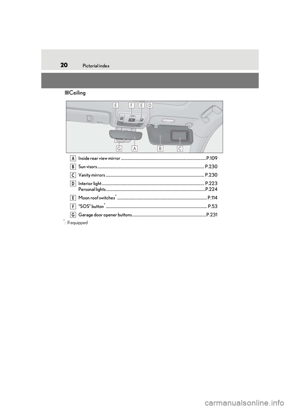 LEXUS RCF 2021  Owners Manual 20Pictorial index
■Ceiling
Inside rear view mirror ..........................................................................................P.109
Sun visors ........................................