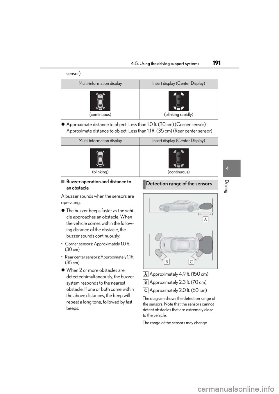 LEXUS RCF 2021 Service Manual 1914-5. Using the driving support systems
4
Driving
sensor)
Approximate distance to object: Less than 1.0 ft. (30 cm) (Corner sensor)
Approximate distance to object: Less than 1.1 ft. (35 cm) (R LEXUS RCF 2021 Service Manual 1914-5. Using the driving support systems
4
Driving
sensor)
Approximate distance to object: Less than 1.0 ft. (30 cm) (Corner sensor)
Approximate distance to object: Less than 1.1 ft. (35 cm) (R