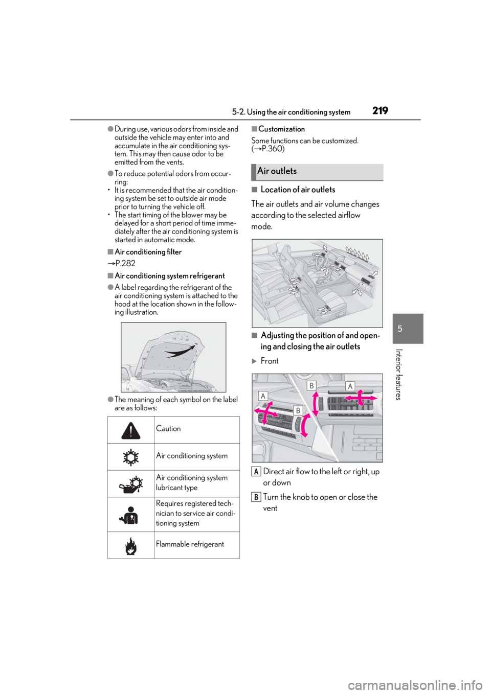 LEXUS RCF 2021 Owners Manual 2195-2. Using the air conditioning system
5
Interior features
●During use, various odors from inside and
outside the vehicle may enter into and
accumulate in the air conditioning sys-
tem. This ma LEXUS RCF 2021 Owners Manual 2195-2. Using the air conditioning system
5
Interior features
●During use, various odors from inside and
outside the vehicle may enter into and
accumulate in the air conditioning sys-
tem. This ma