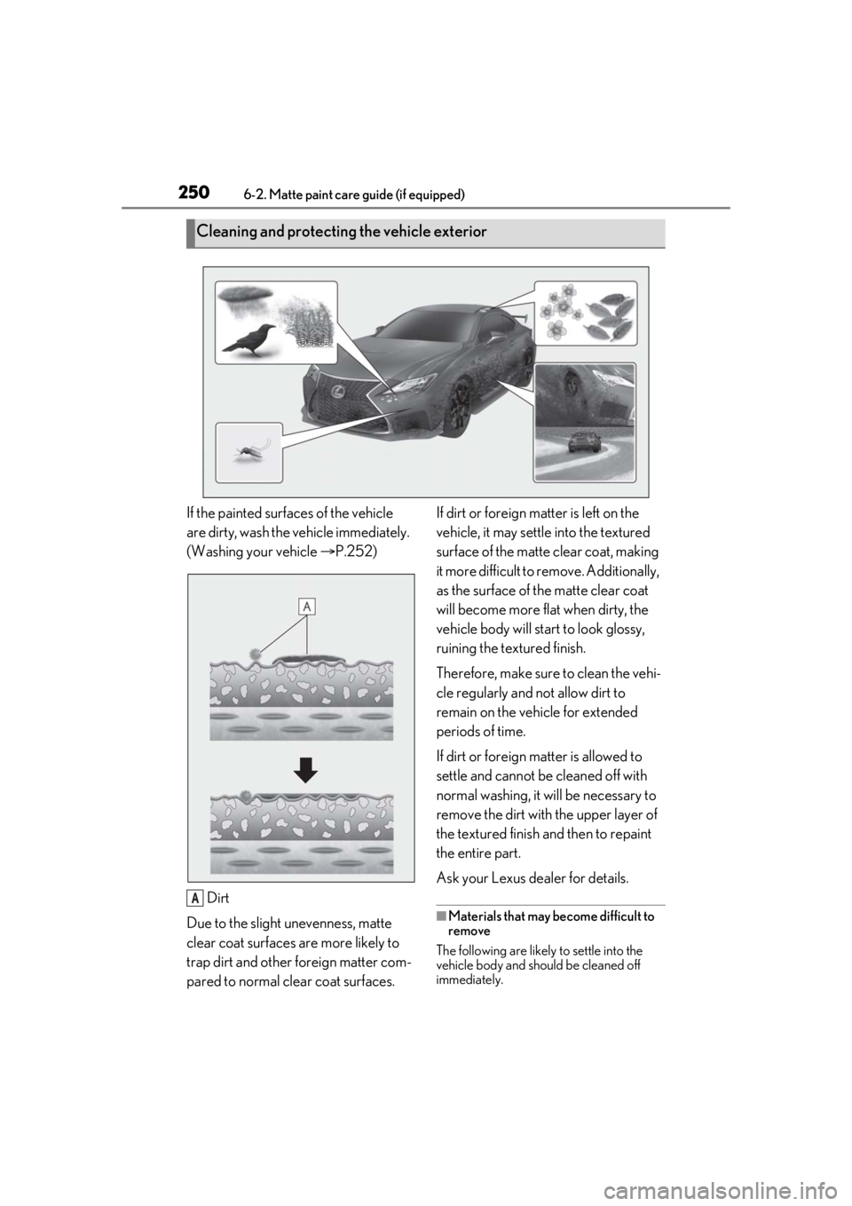 LEXUS RCF 2021 Owners Manual 2506-2. Matte paint care guide (if equipped)
If the painted surfaces of the vehicle
are dirty, wash the vehicle immediately.
(Washing your vehicle P.252)
Dirt
Due to the slight unevenness, matte LEXUS RCF 2021 Owners Manual 2506-2. Matte paint care guide (if equipped)
If the painted surfaces of the vehicle
are dirty, wash the vehicle immediately.
(Washing your vehicle P.252)
Dirt
Due to the slight unevenness, matte