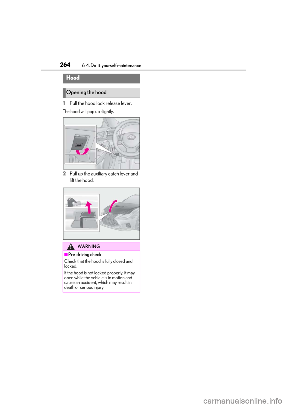 LEXUS RCF 2021 Owners Manual 2646-4. Do-it-yourself maintenance
1Pull the hood lock release lever.
The hood will pop up slightly.
2Pull up the auxiliary catch lever and
lift the hood.
Hood
Opening the hood
WARNING
■Pre-driving LEXUS RCF 2021 Owners Manual 2646-4. Do-it-yourself maintenance
1Pull the hood lock release lever.
The hood will pop up slightly.
2Pull up the auxiliary catch lever and
lift the hood.
Hood
Opening the hood
WARNING
■Pre-driving