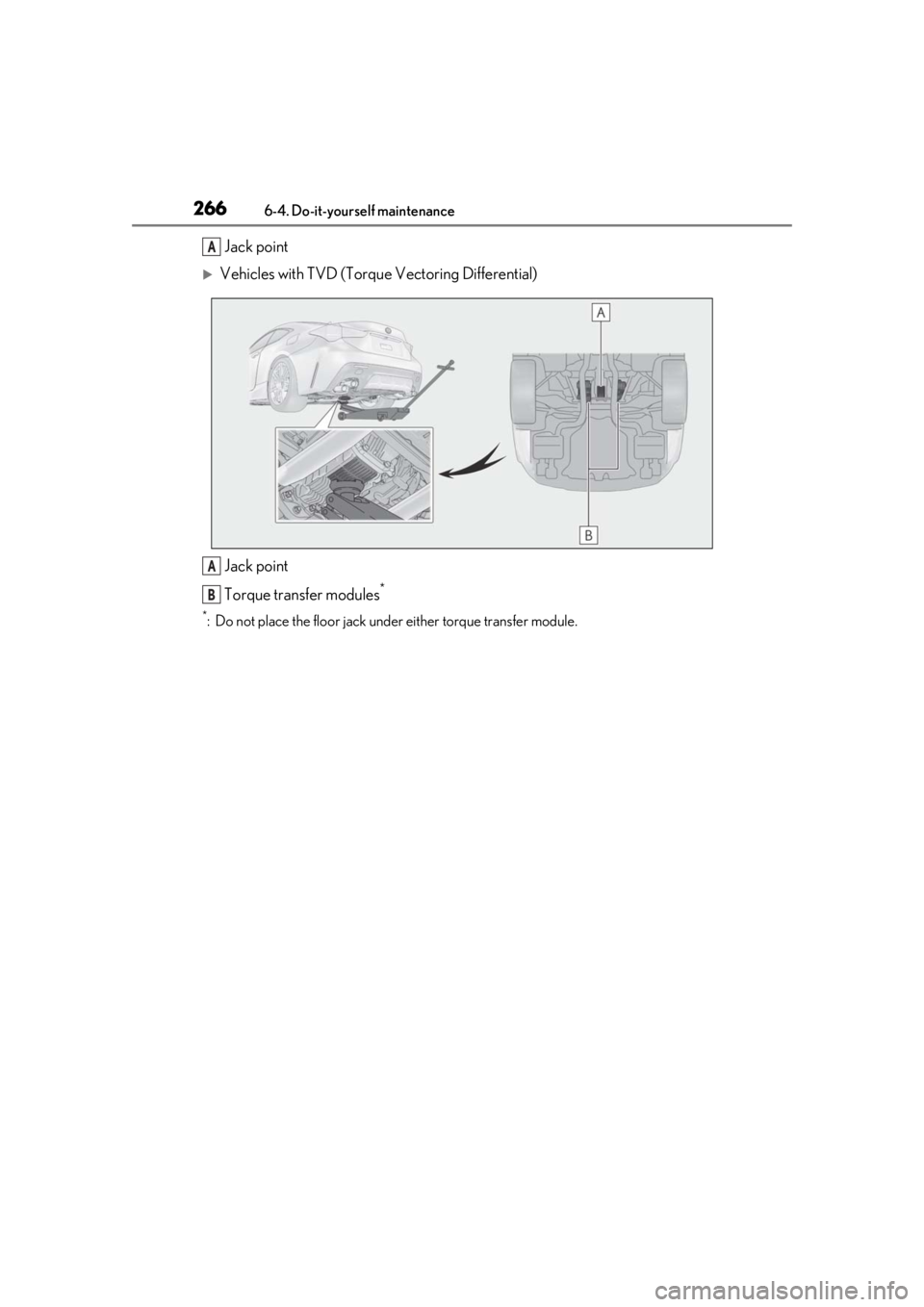 LEXUS RCF 2021 Owners Manual 2666-4. Do-it-yourself maintenance
Jack point
Vehicles with TVD (Torque Vectoring Differential)Jack point
Torque transfer modules
*
*: Do not place the floor jack under either torque transfer modul LEXUS RCF 2021 Owners Manual 2666-4. Do-it-yourself maintenance
Jack point
Vehicles with TVD (Torque Vectoring Differential)Jack point
Torque transfer modules
*
*: Do not place the floor jack under either torque transfer modul